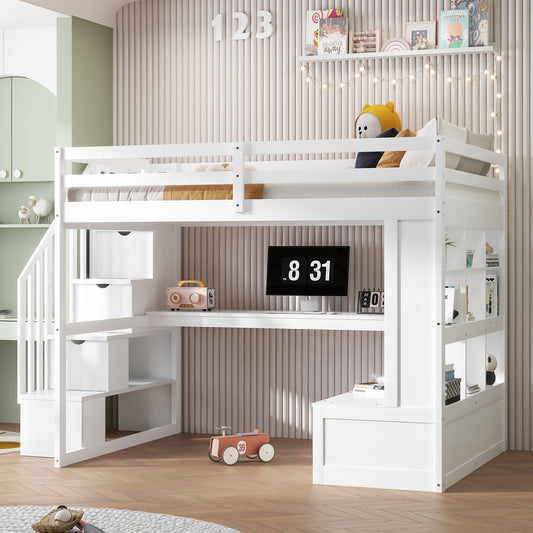 White loft bed with desk and stairs for kids room