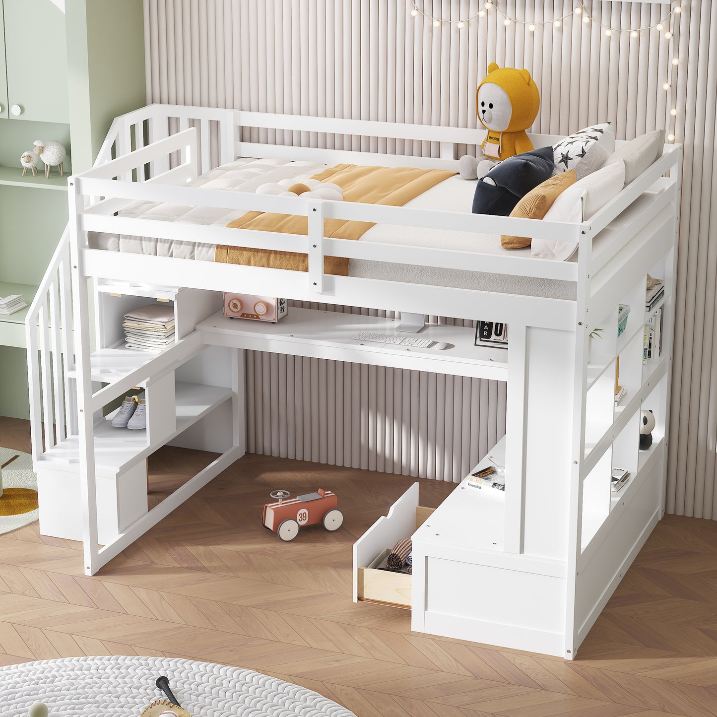 White loft bed with stairs desk and shelves for kids room