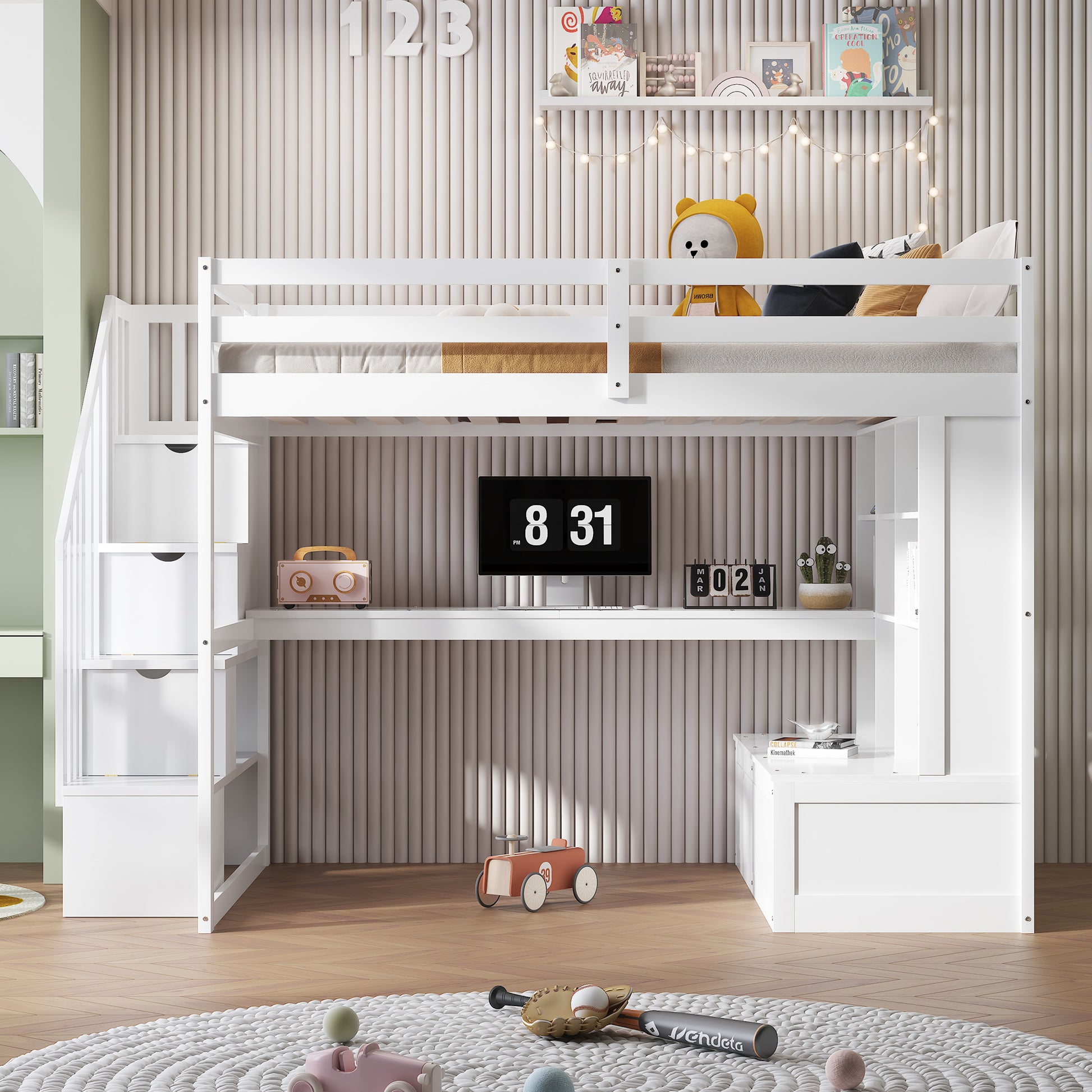 White wooden loft bed with desk and stairs perfect for kids rooms