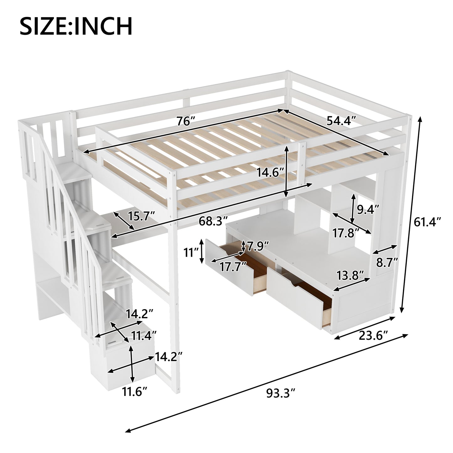 White loft bed with stairs mattress support and storage drawers Dimensions shown