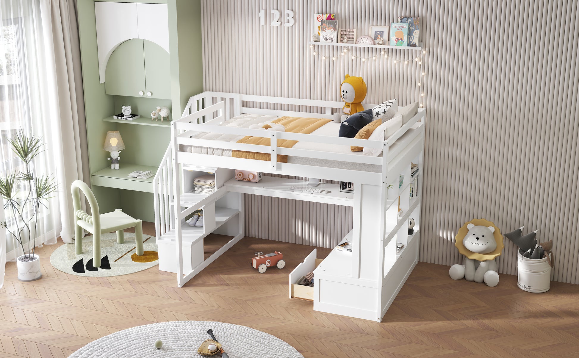White wooden loft bed with desk and storage for kids room
