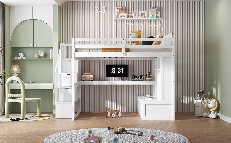 White wooden loft bed with integrated desk and storage for kids room