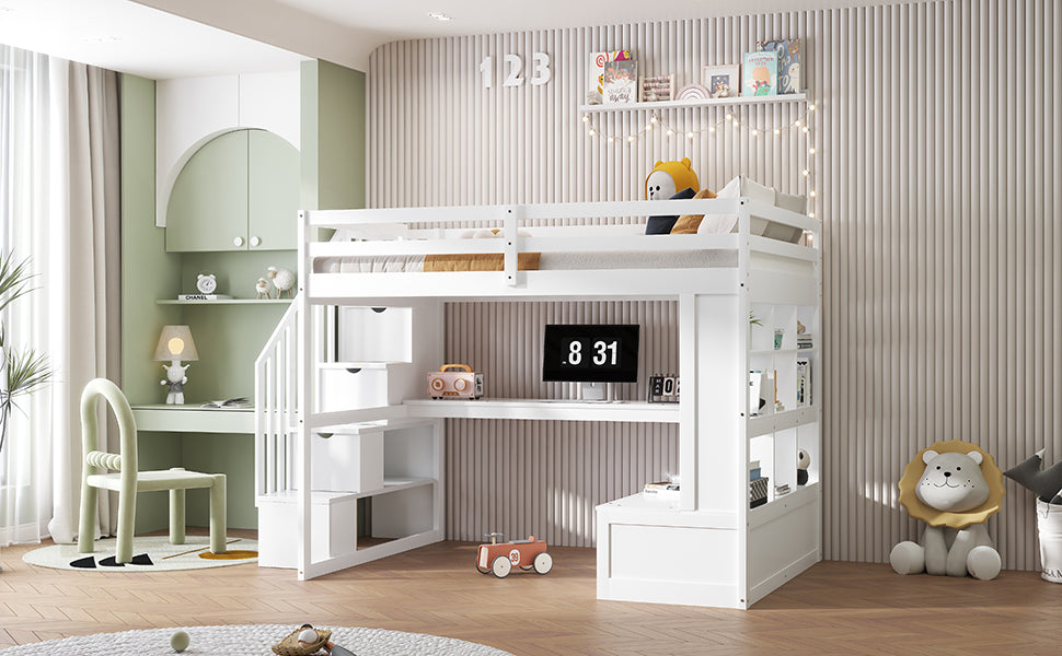 White twin loft bed with integrated desk and storage perfect for kids rooms