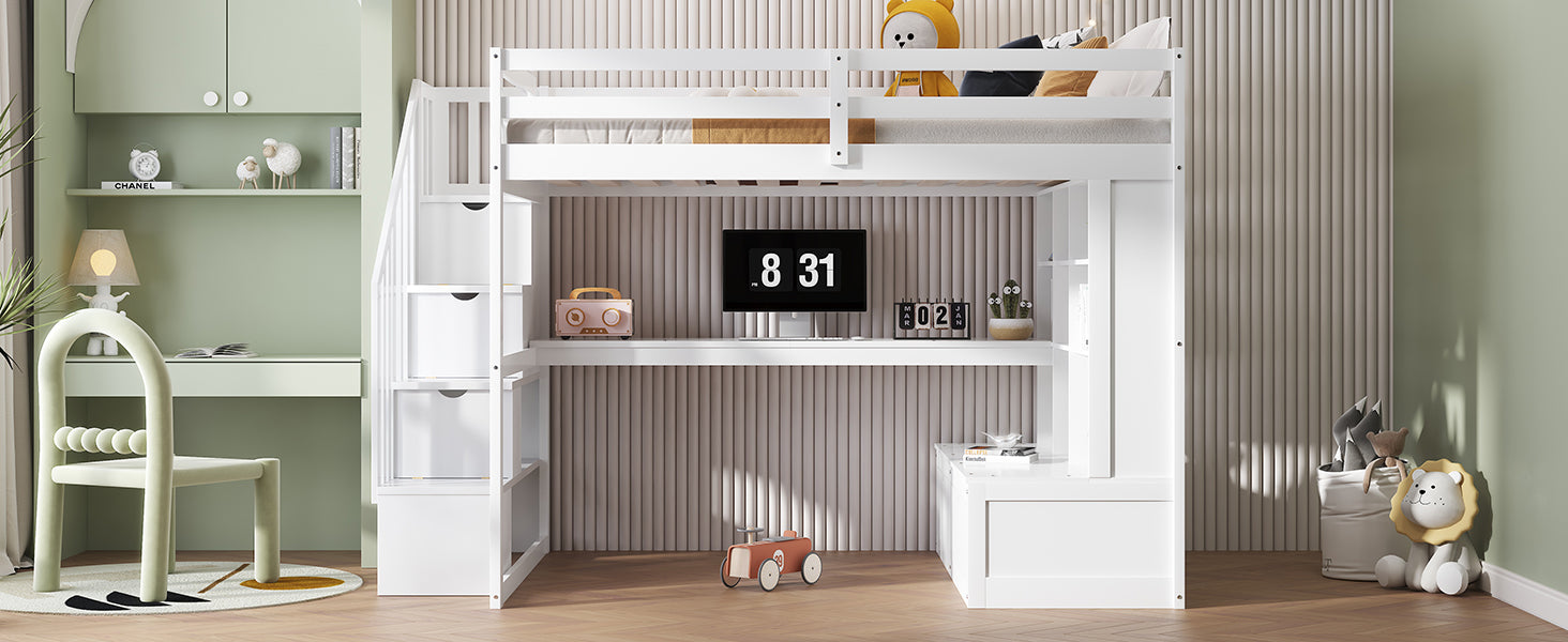 White wooden loft bed with integrated desk and storage drawers perfect for kids rooms