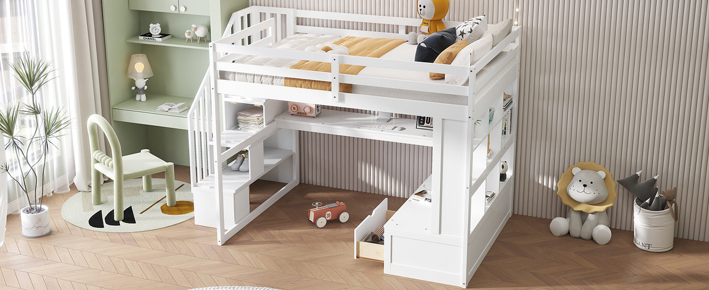 White wooden loft bed with integrated desk and storage shelves for kids room
