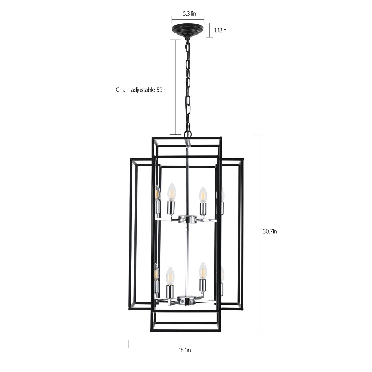 Modern black geometric pendant light with adjustable chain and  candelabra bulbs