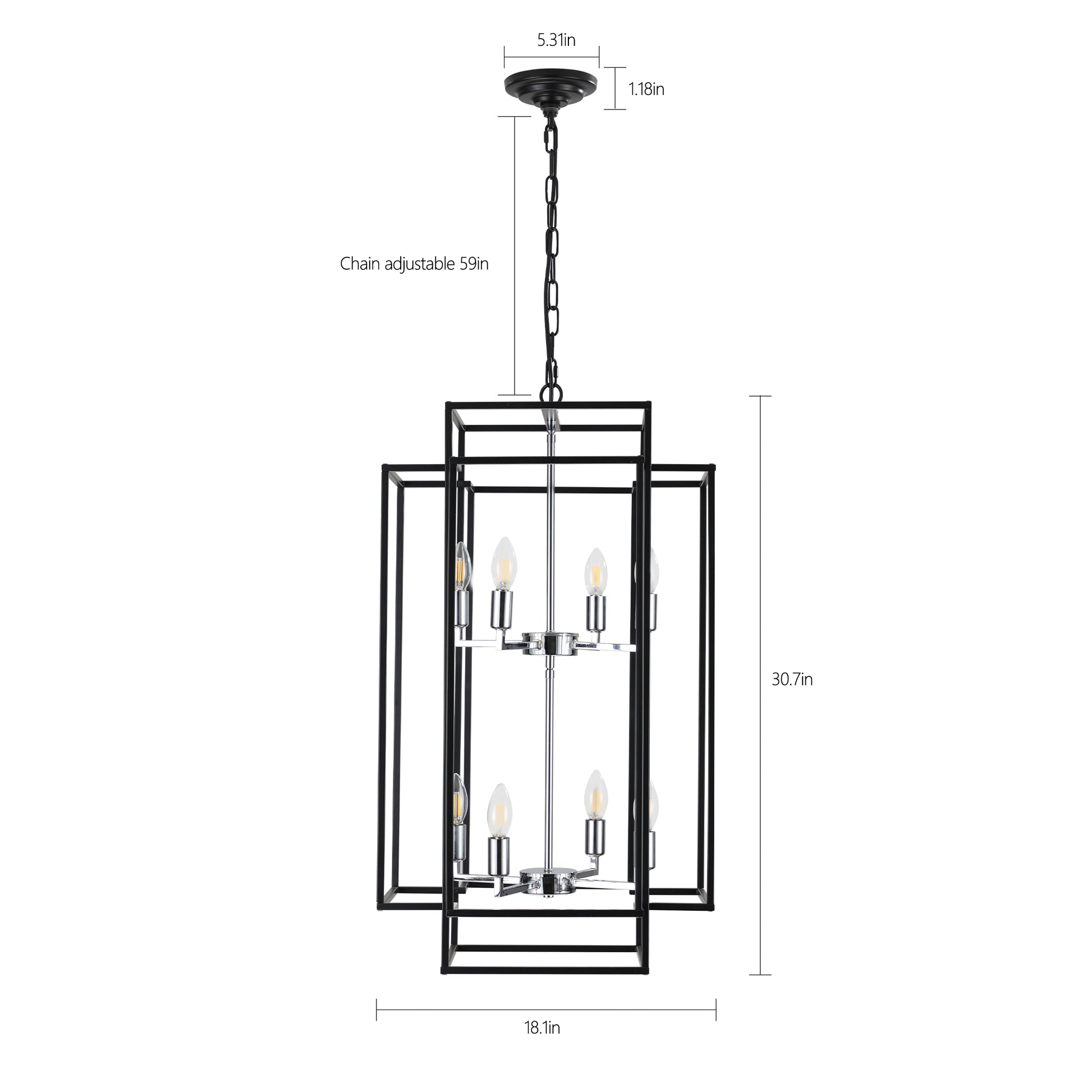 Modern black geometric pendant light with adjustable chain and  candelabra bulbs
