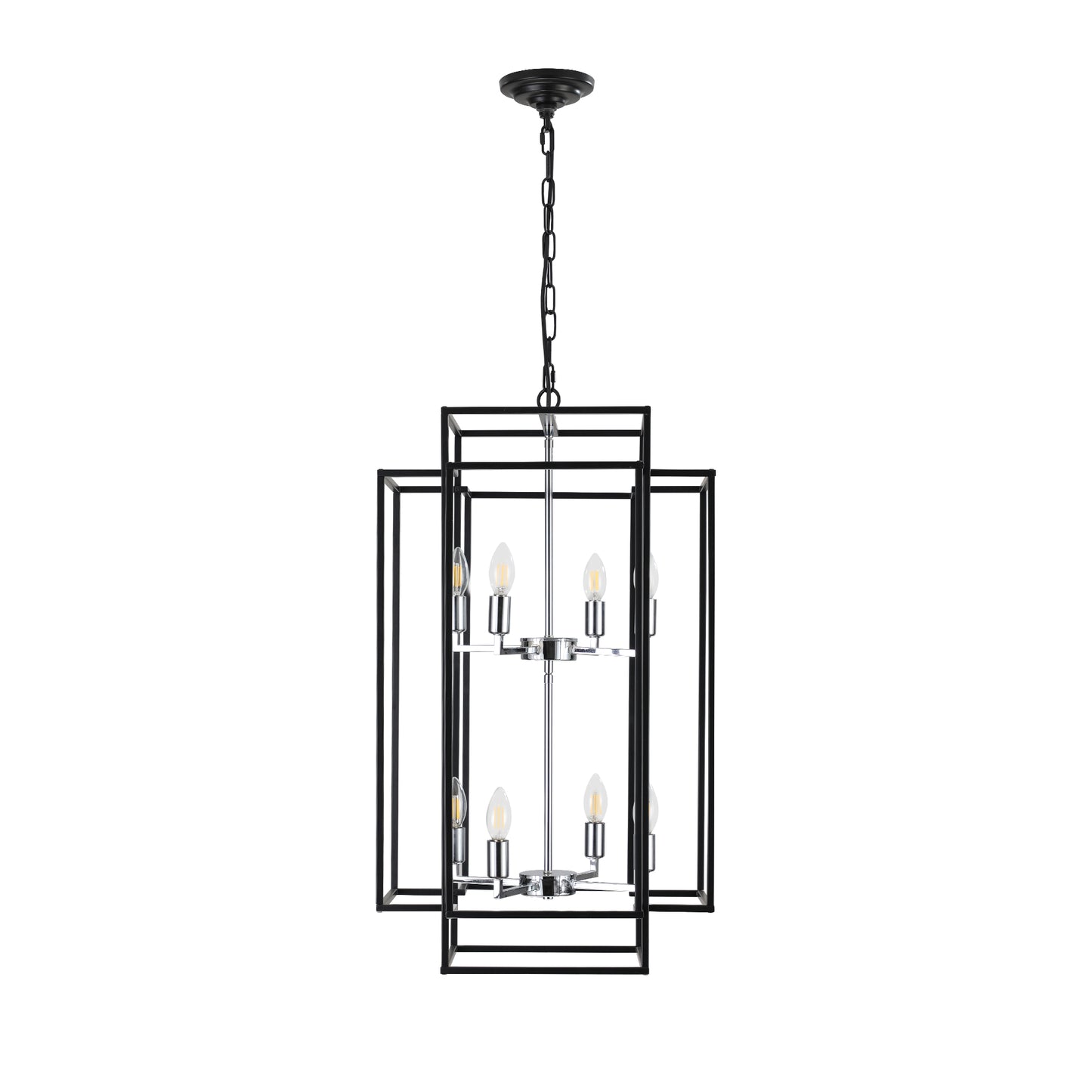 Modern black geometric chandelier with six exposed Edison bulbs