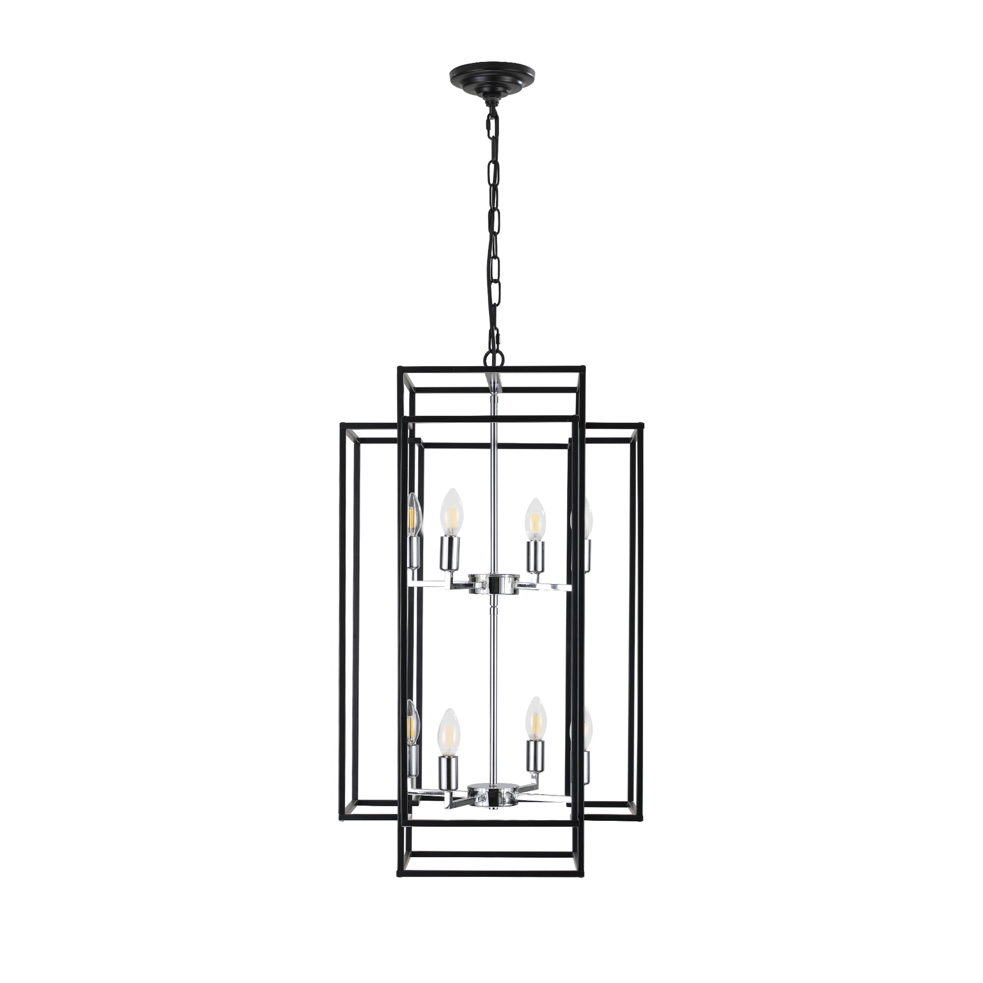 Modern black geometric chandelier with six exposed Edison bulbs
