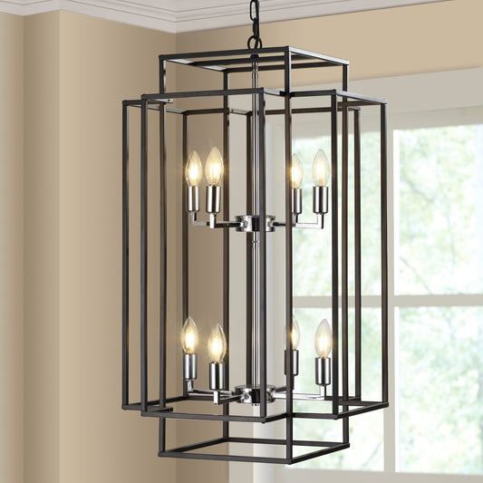 Black metal geometric chandelier with clear Edison bulbs illuminating a dining room