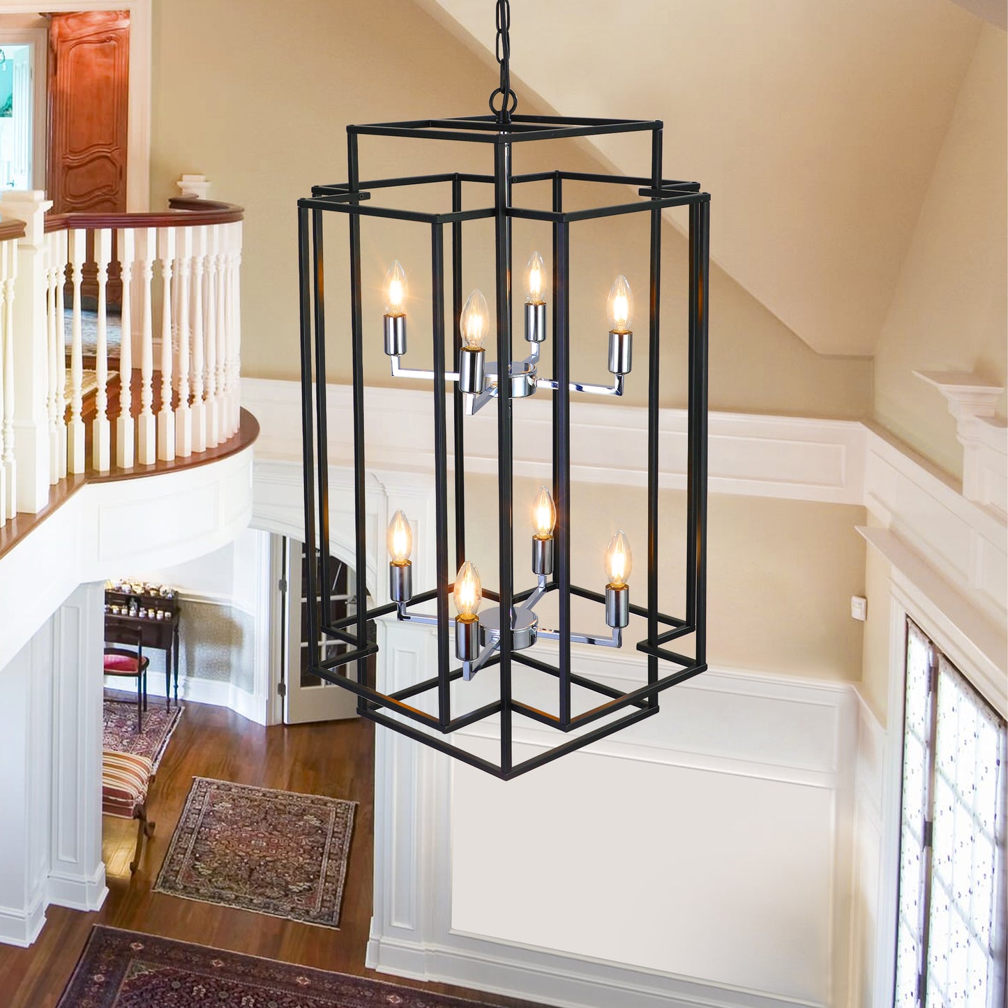 Black geometric chandelier with  Edison bulbs perfect for entryway lighting