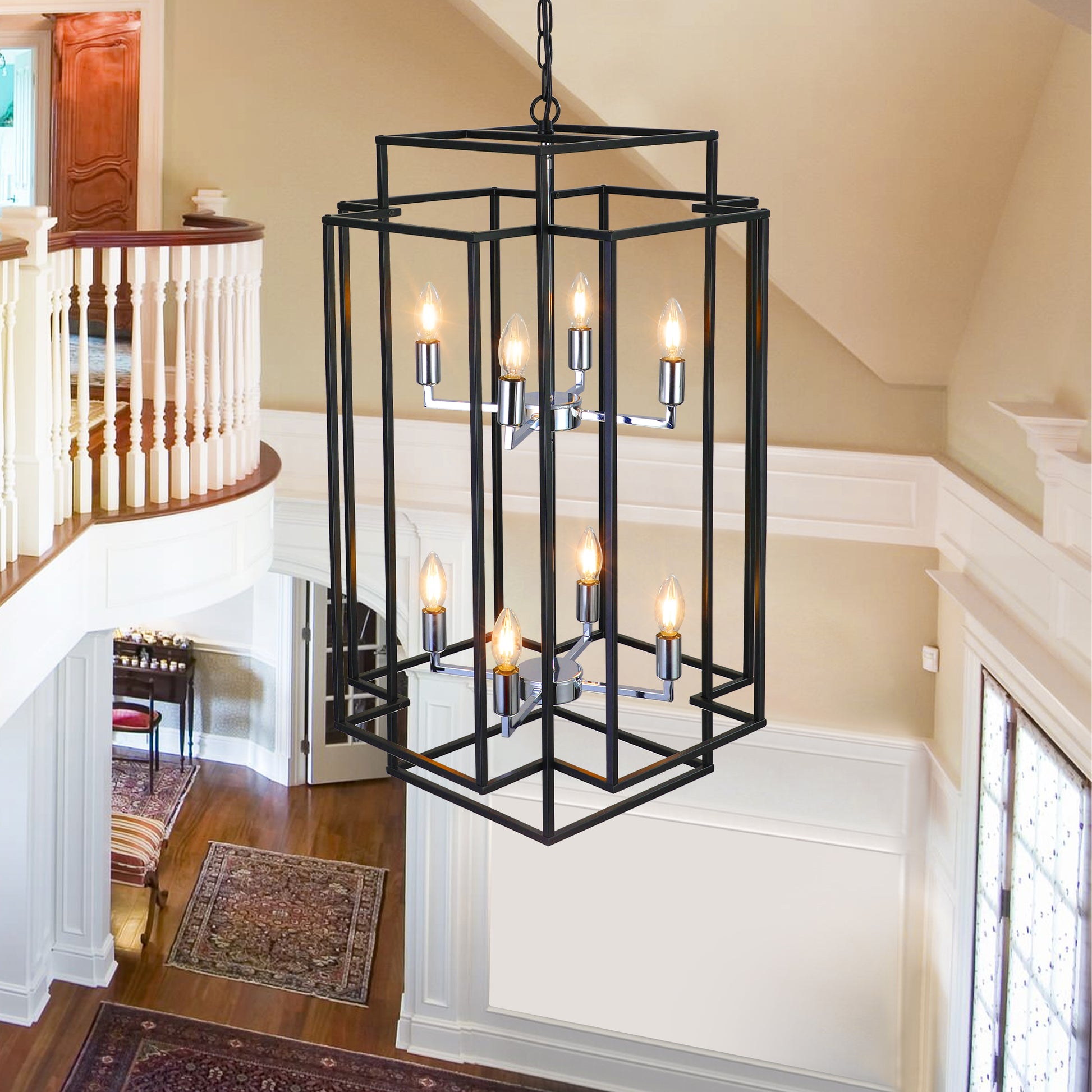 Black geometric chandelier with  Edison bulbs perfect for entryway lighting
