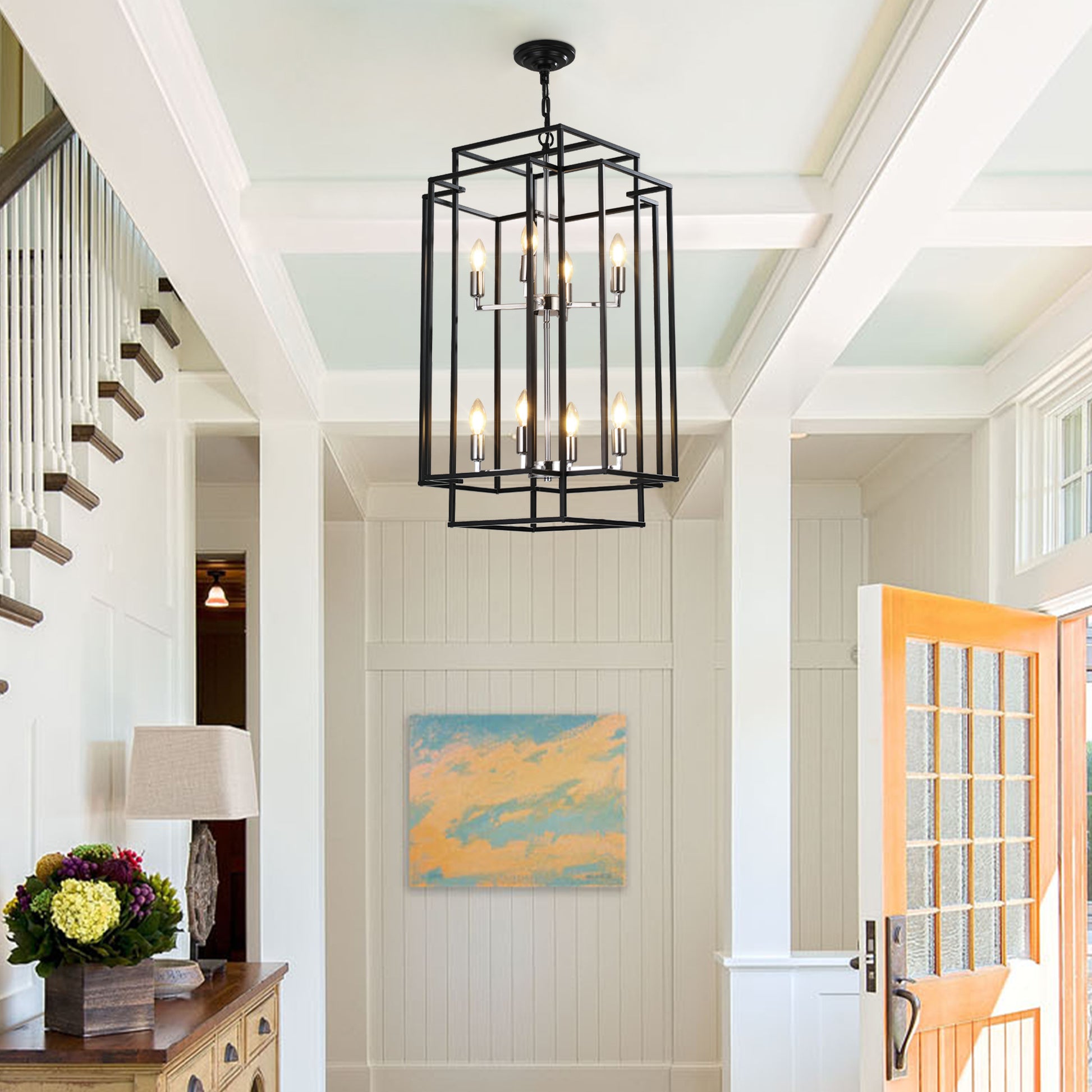 Black geometric cage chandelier with  candelabra bulbs and brushed nickel accents