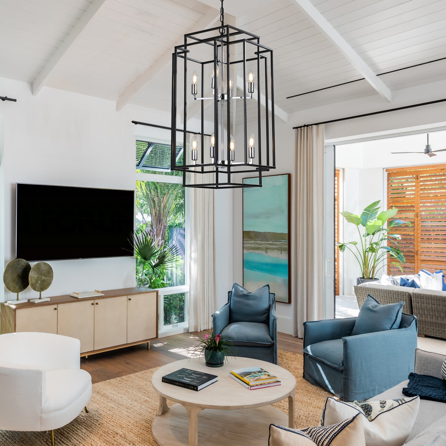 Modern black geometric foyer chandelier with polished chrome accents and clear bulbs