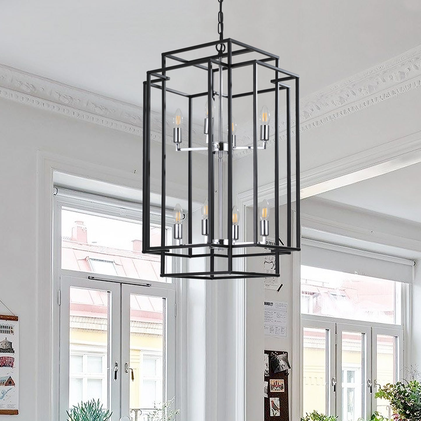 Black modern geometric lantern chandelier with six exposed bulbs