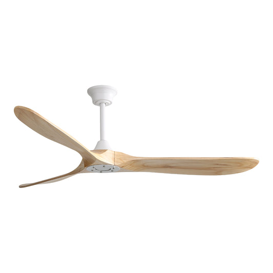 Modern wooden blade ceiling fan with white motor and downrod