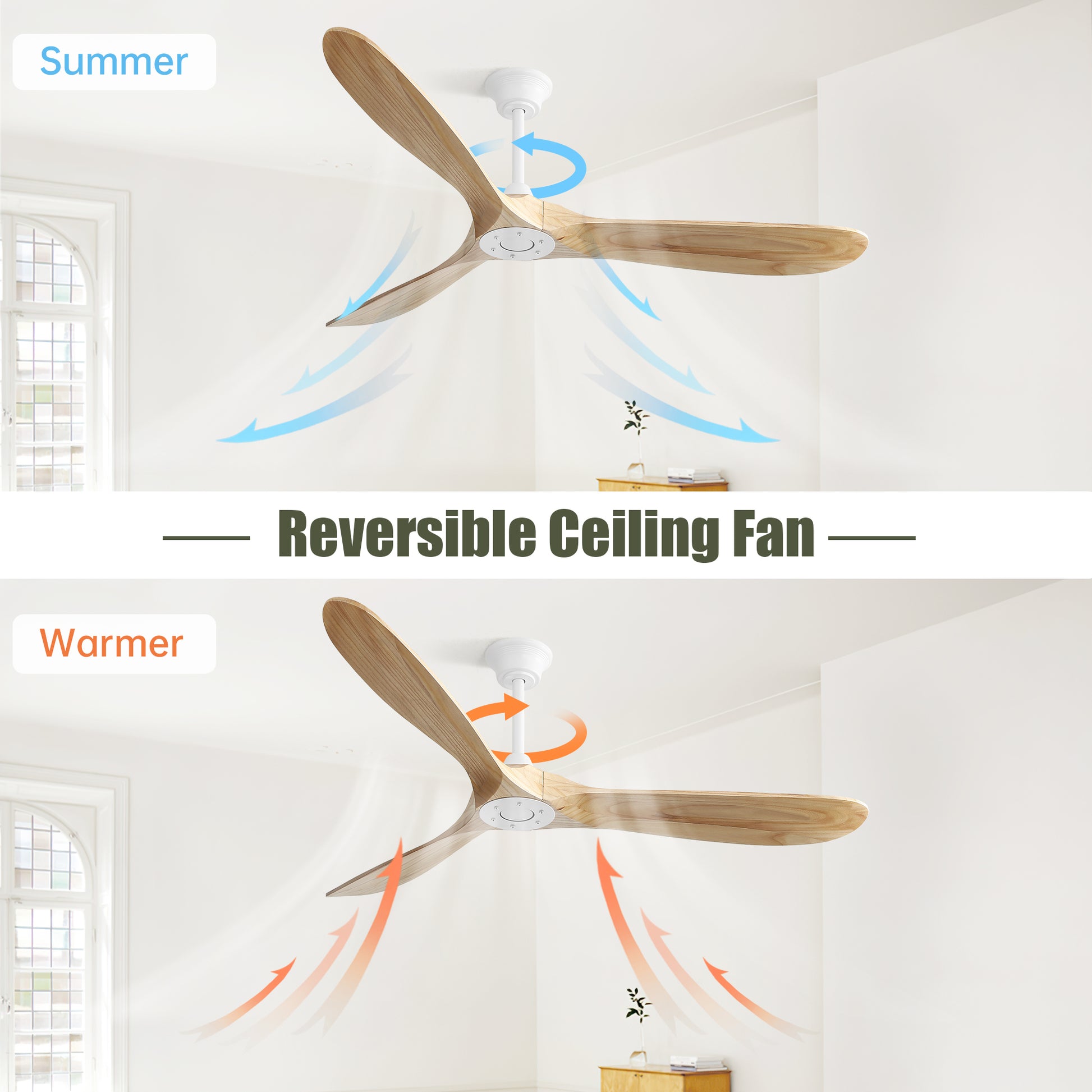 Modern blade reversible ceiling fan with natural wood finish for summer cooling