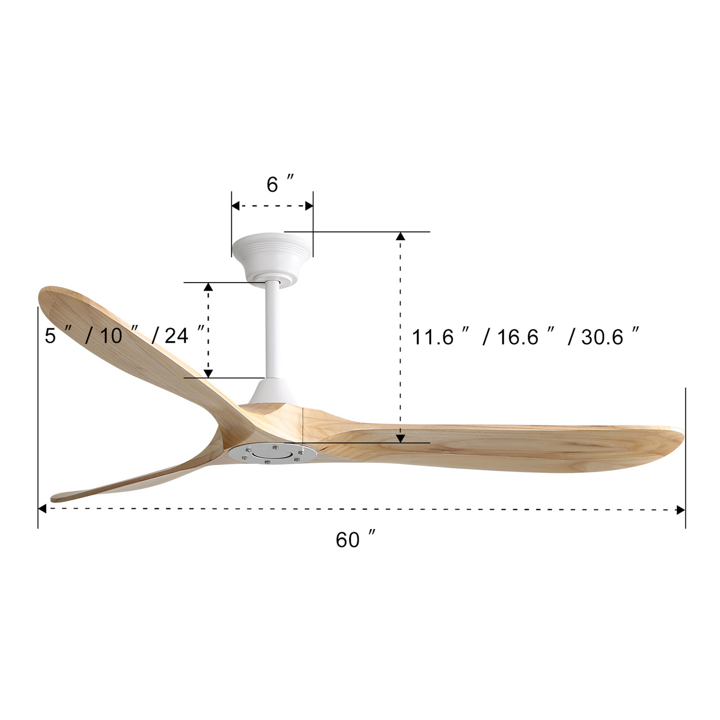 Modern wooden ceiling fan with three sculpted blades and white motor housing  inch diameter