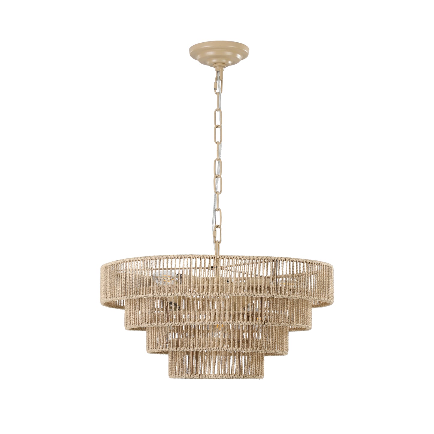 Tiered natural fiber chandelier with a beige chain and canopy bringing bohemian style to any room