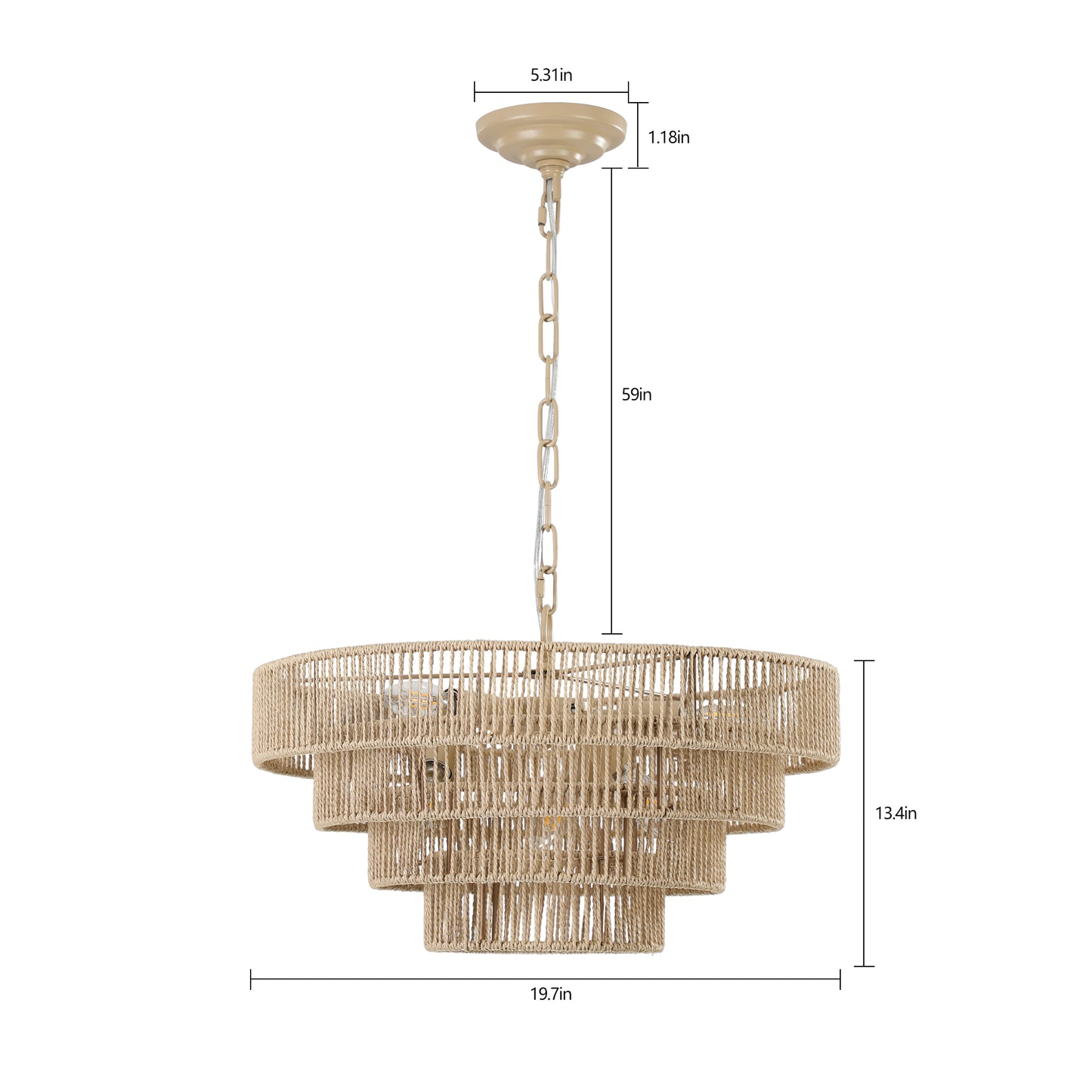 Tiered beige rope chandelier with exposed bulbs and adjustable chain