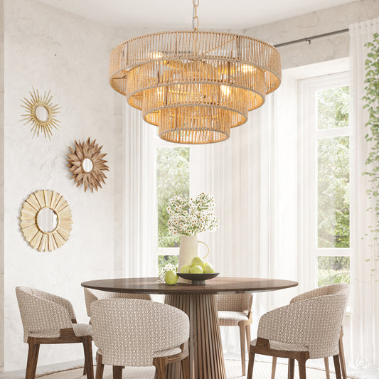 Tiered natural rope chandelier with warm ambient lighting