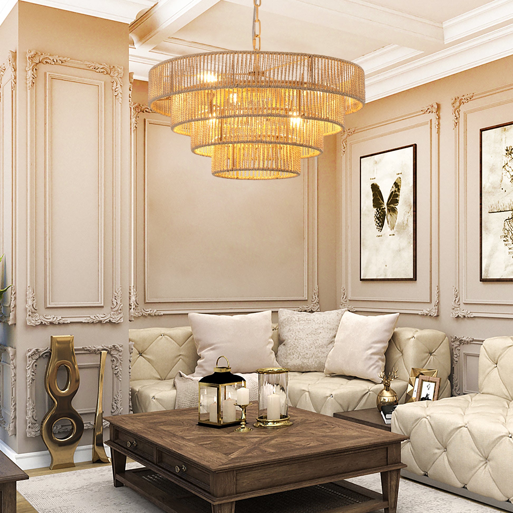 Tiered rope chandelier with warm golden glow perfect for modern living rooms