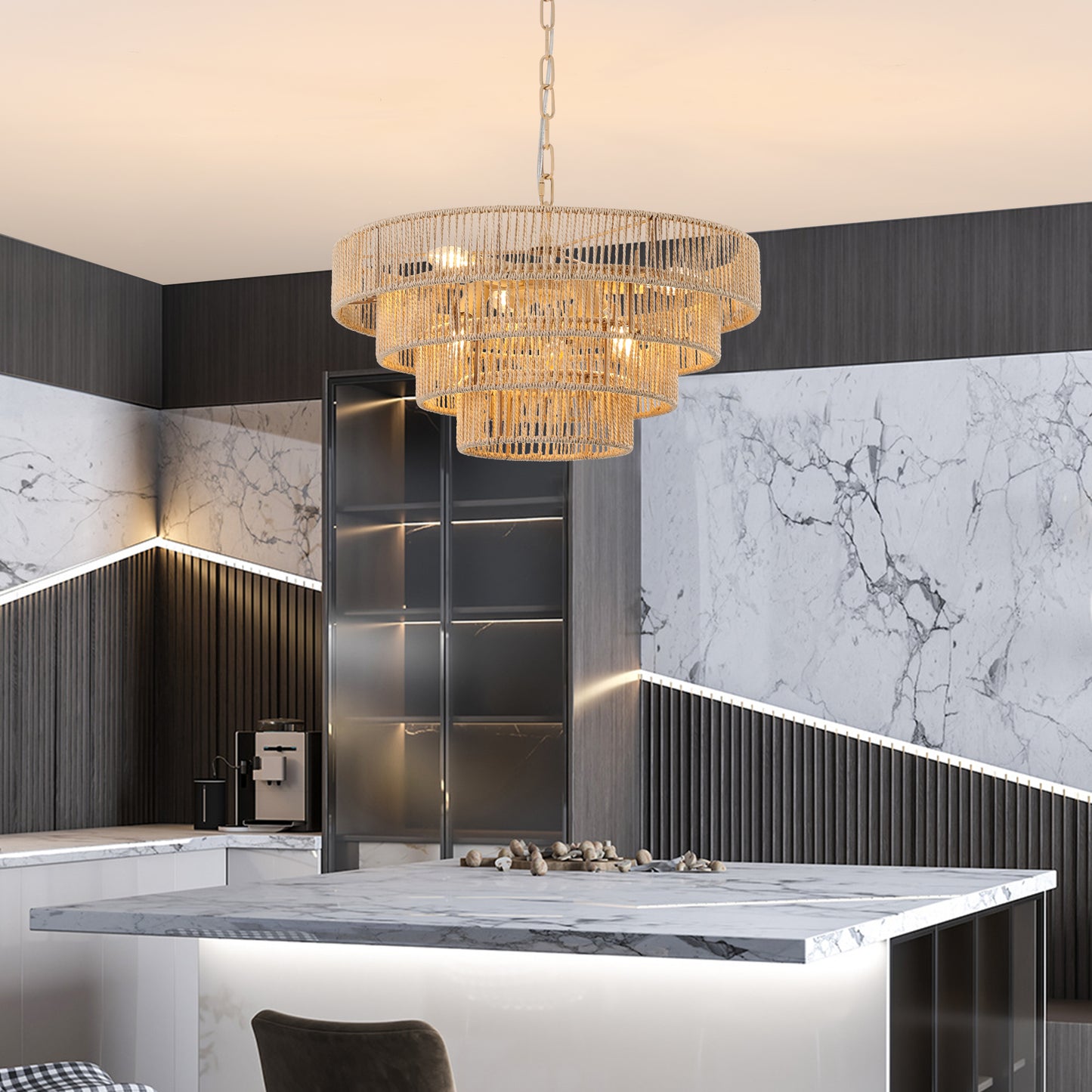 Tiered jute chandelier with warm LED lighting modern dining room fixture