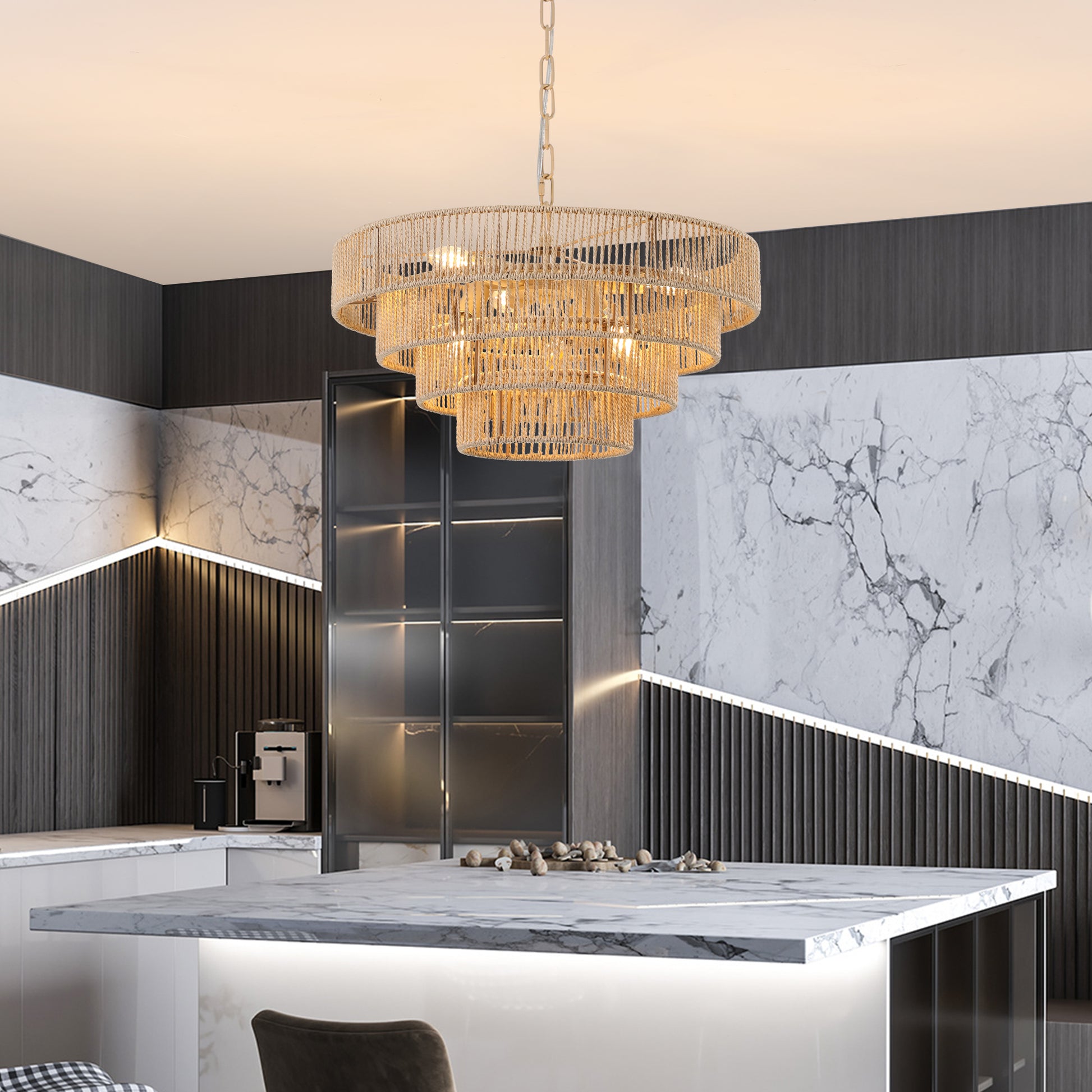Tiered jute chandelier with warm LED lighting modern dining room fixture
