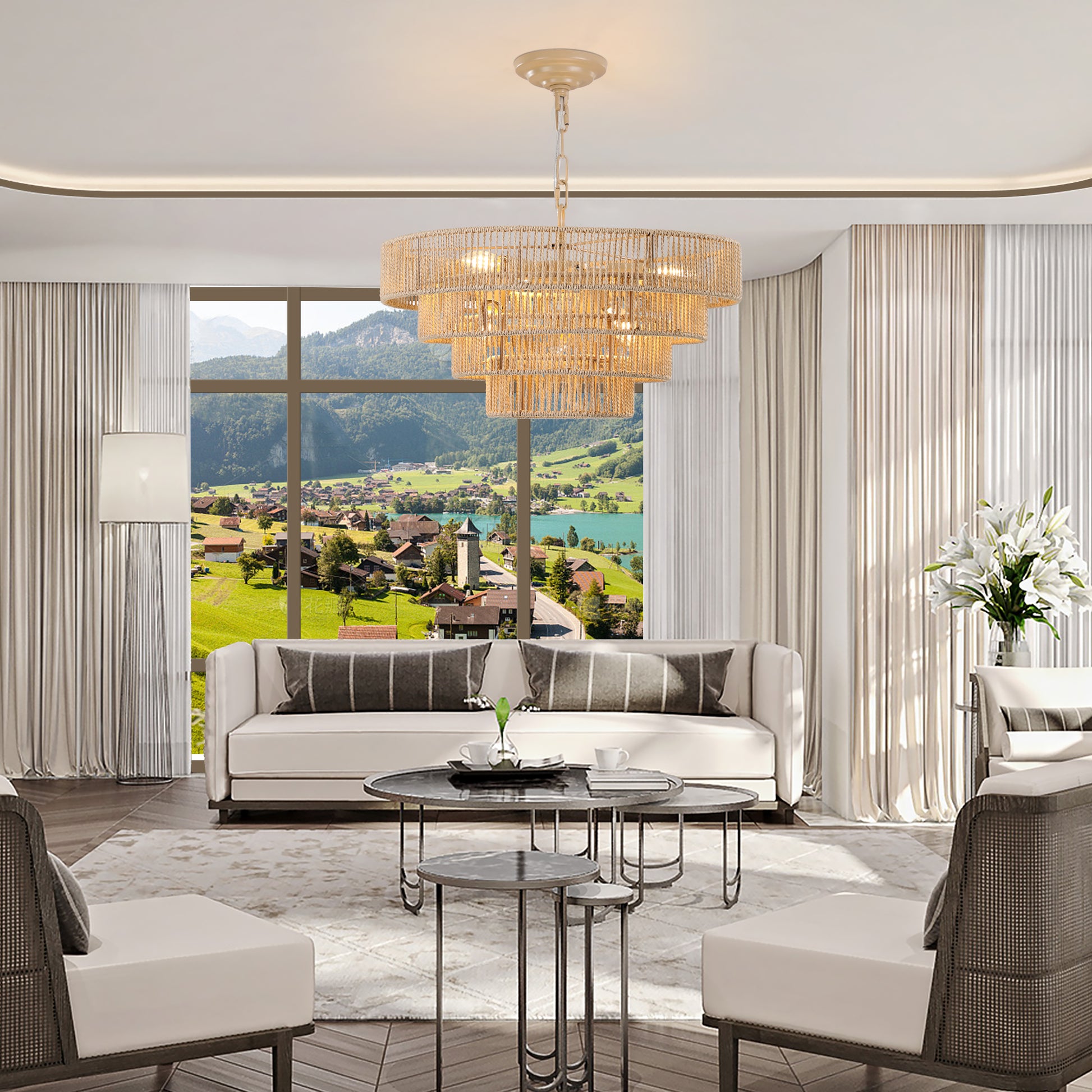 Tiered neutral rope chandelier with warm LED lights illuminating a stylish living room