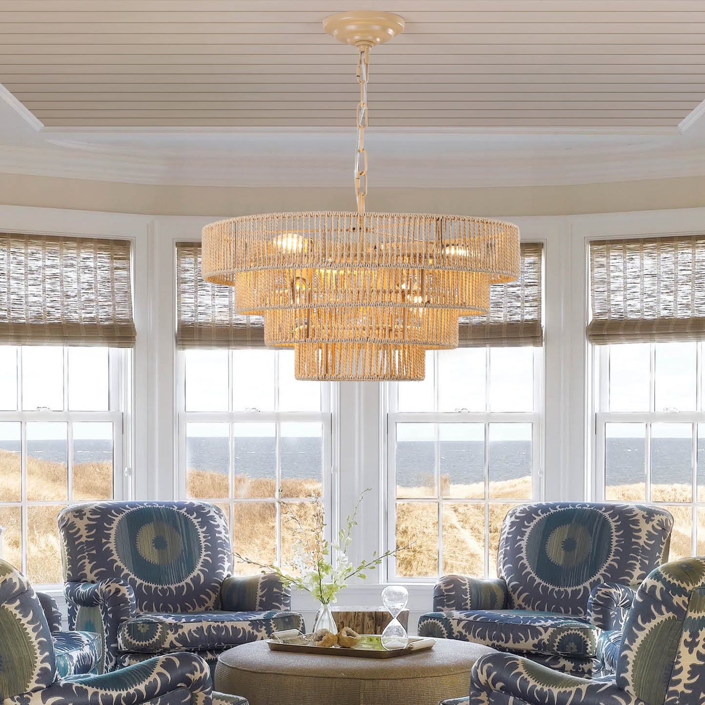 Natural jute tiered chandelier with cream finish and exposed bulbs coastal decor