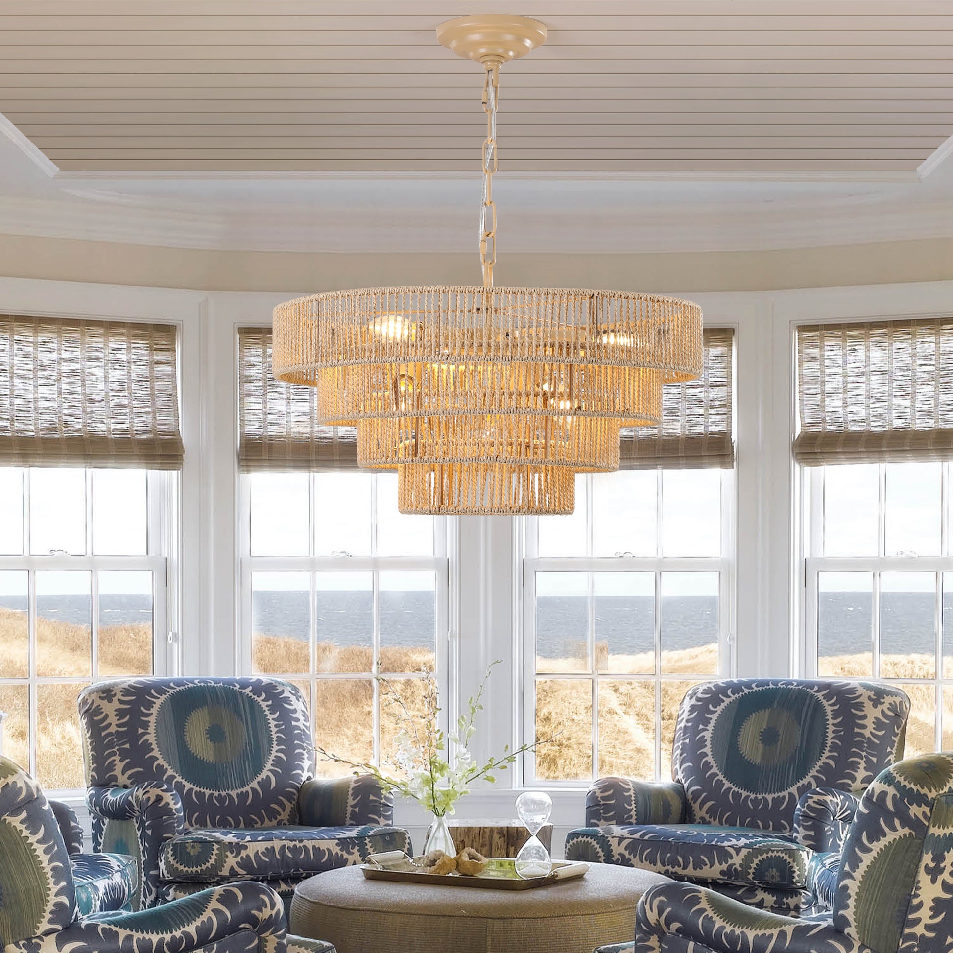 Natural jute tiered chandelier with cream finish and exposed bulbs coastal decor