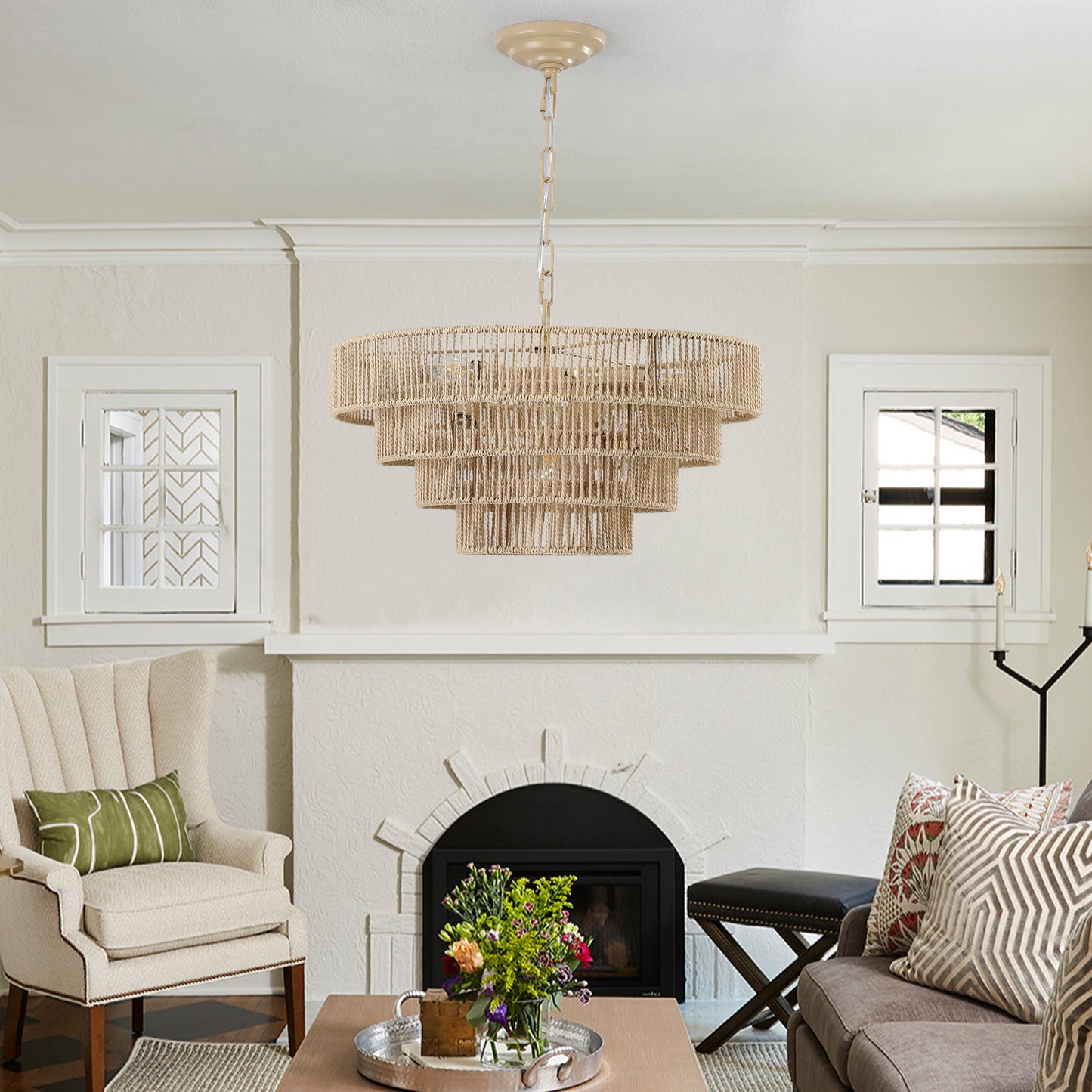 Tiered natural rope chandelier with intricate woven design ideal for bohemian living rooms