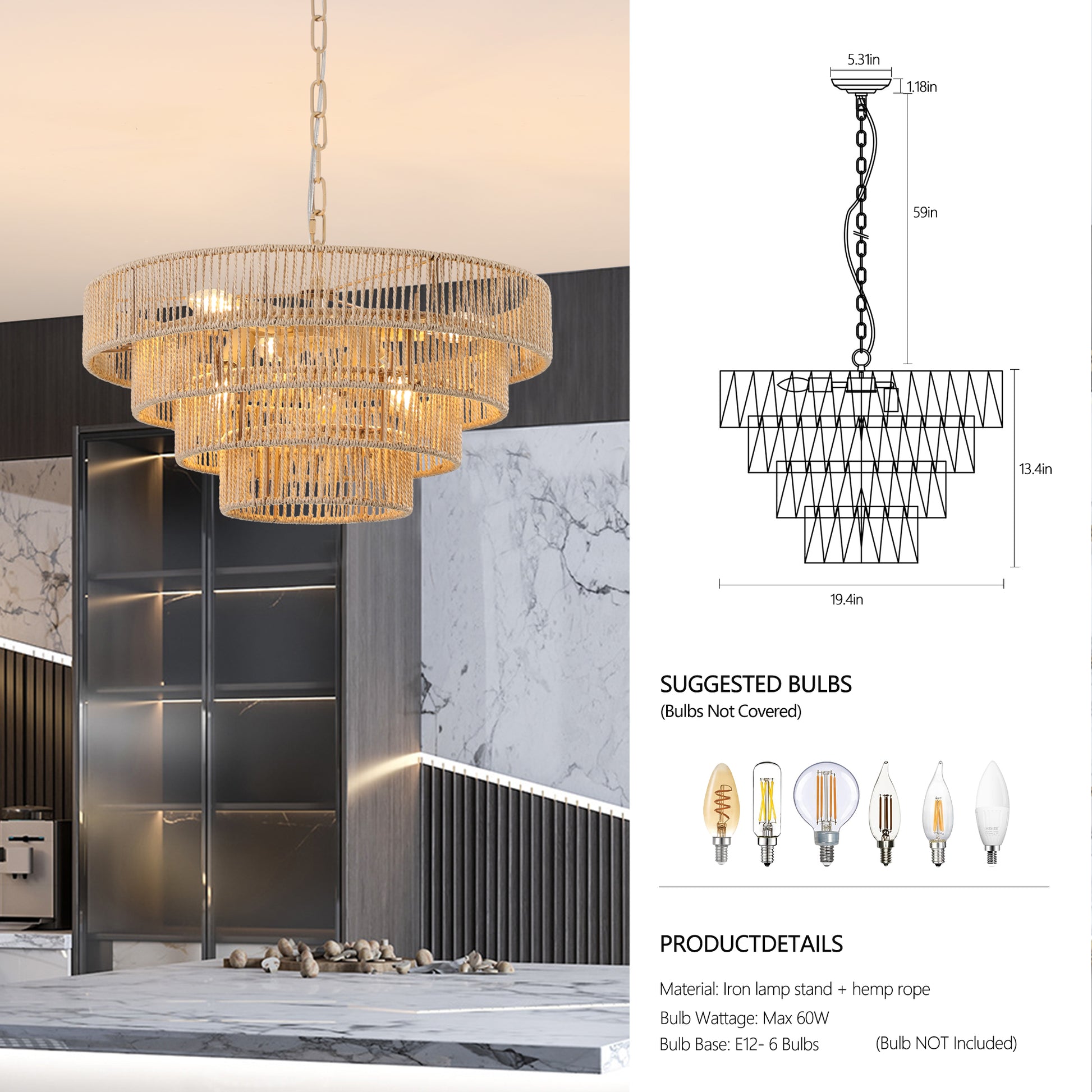 Tiered rope chandelier with gold chain suspension and warm LED bulbs