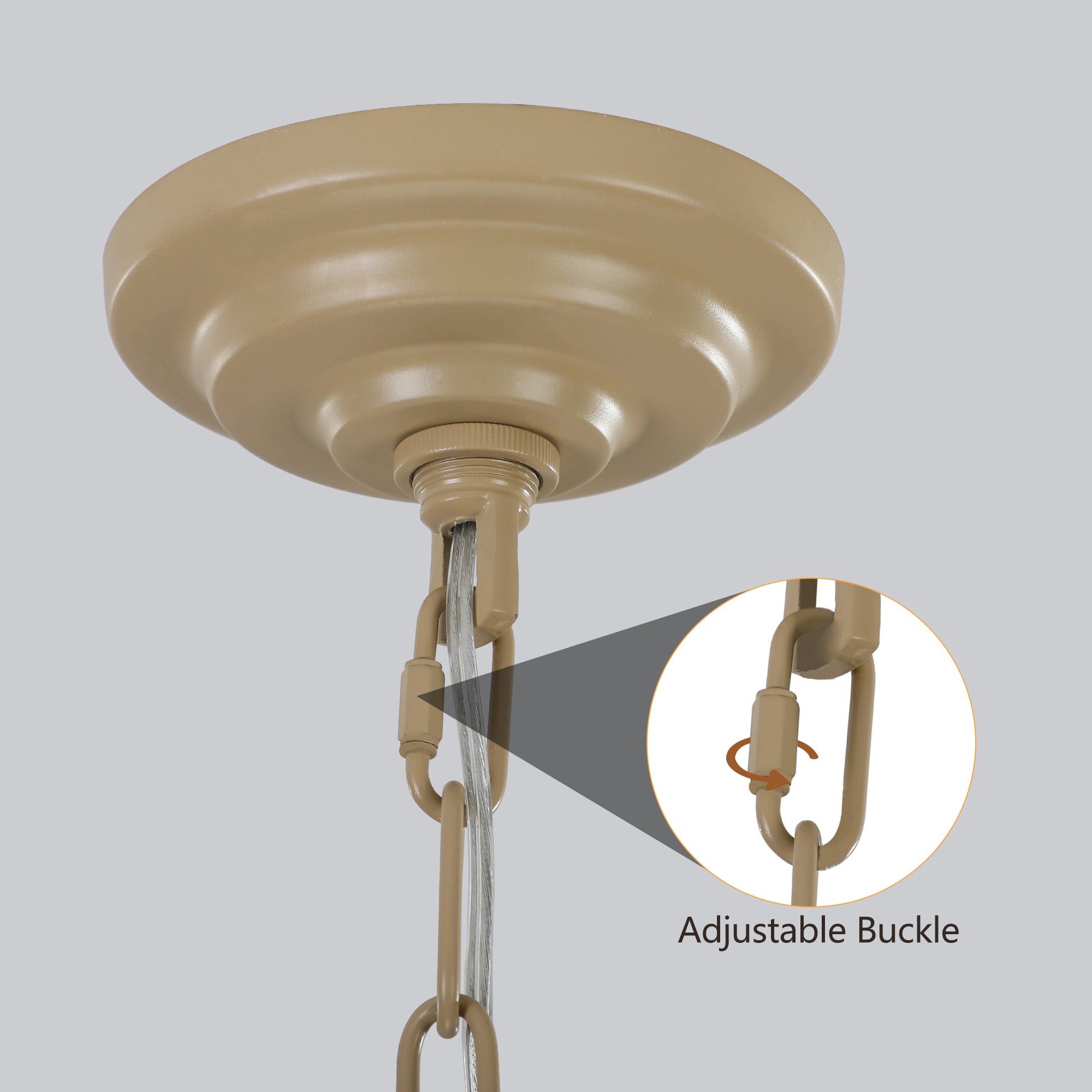 Tan canopy with chain and adjustable buckle detail for pendant light