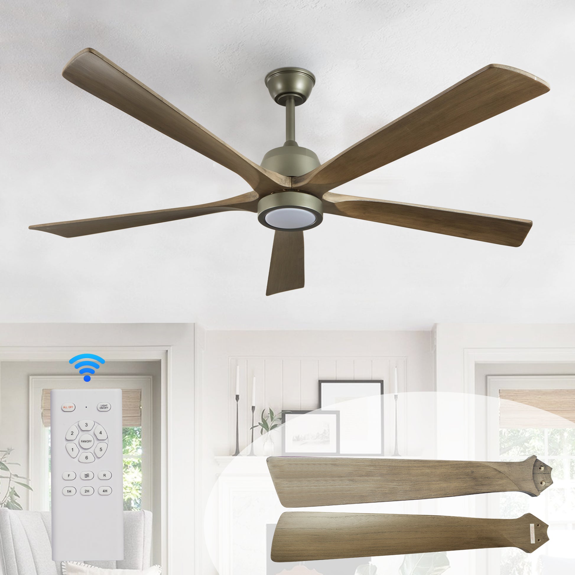 Modern ceiling fan with  distressed wood blades and integrated LED light controlled by remote