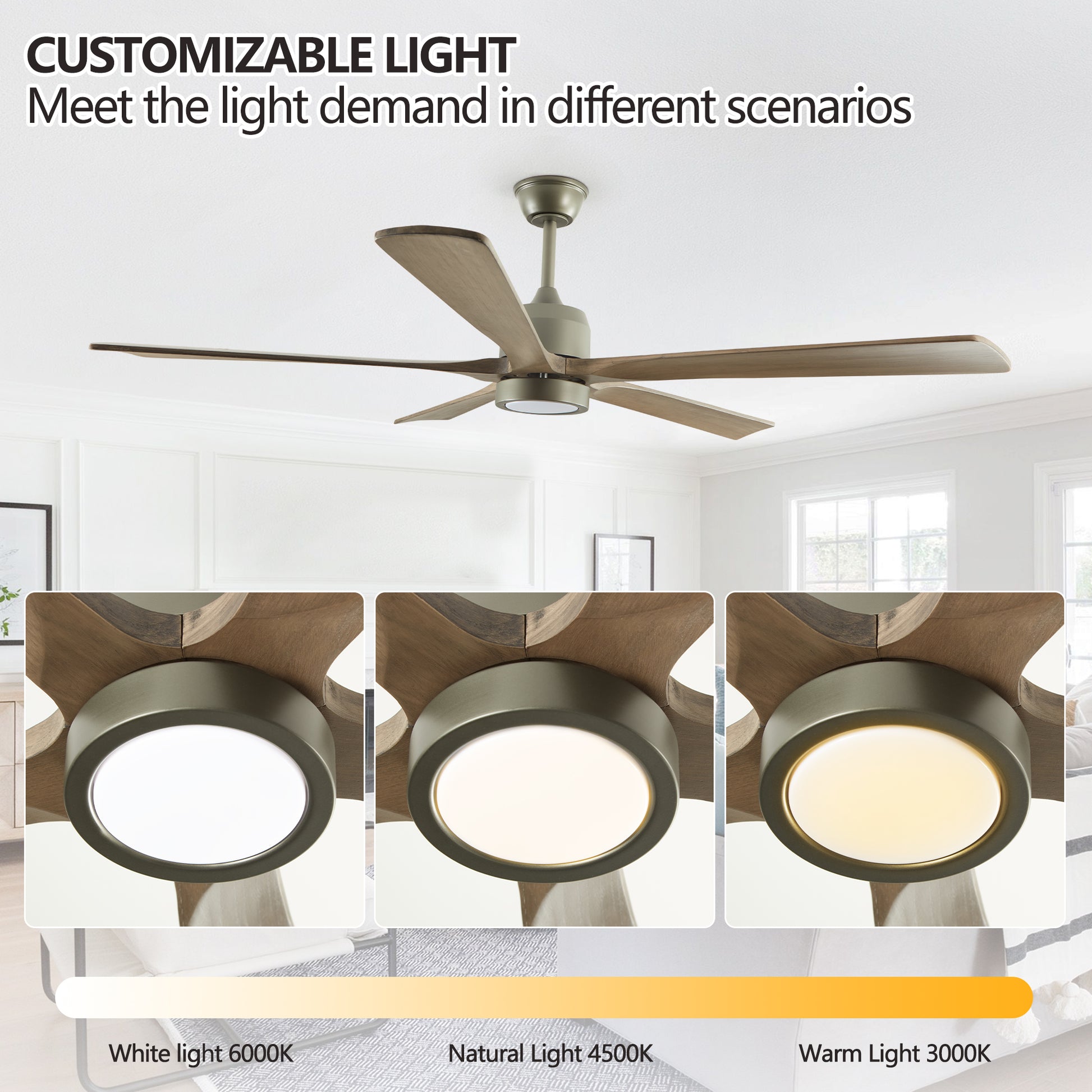 Modern blade ceiling fan with rustic wood blades and integrated LED light