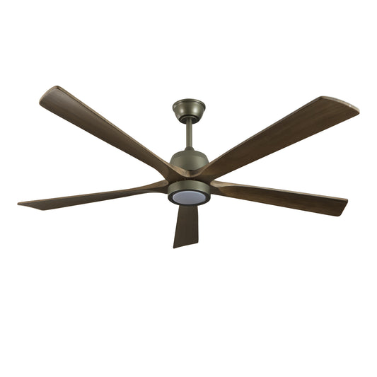 Modern dark wood blade ceiling fan with integrated LED light and brushed bronze finish