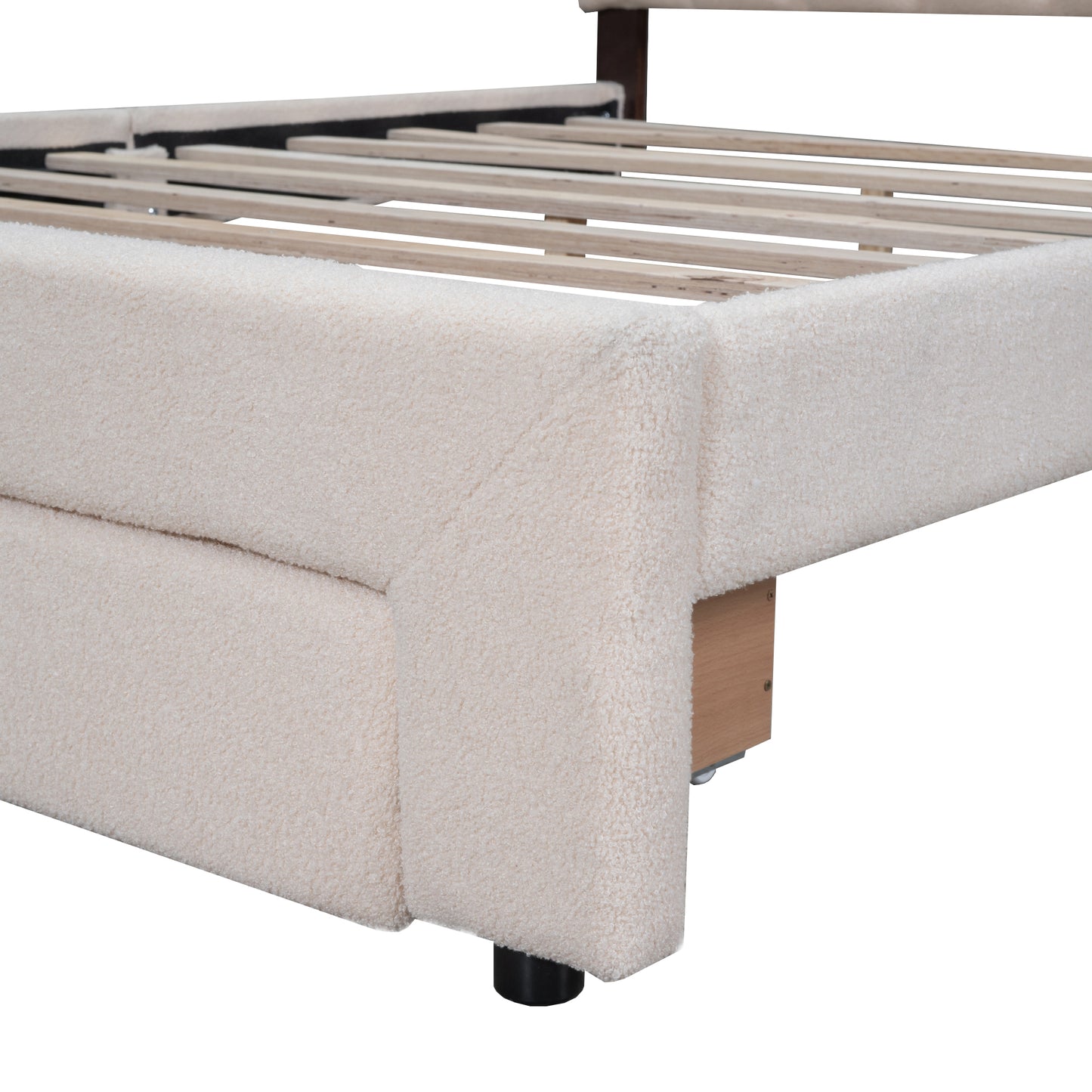 Cream sherpa bed frame detail with wooden slats and black legs