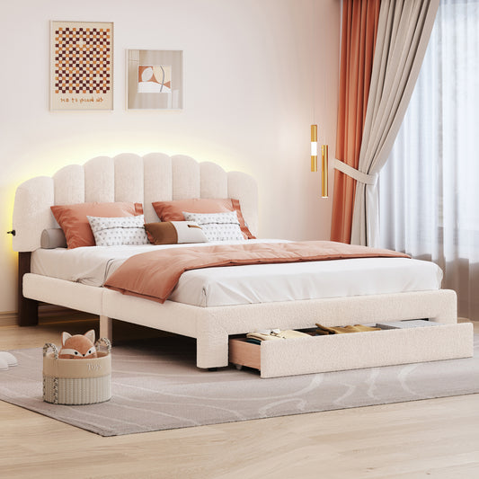 Cream boucle upholstered bed frame with scalloped headboard and builtin storage drawer