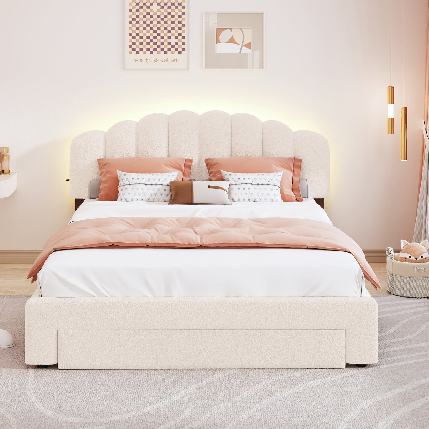 Cream boucle upholstered bed with scalloped headboard and peach linens