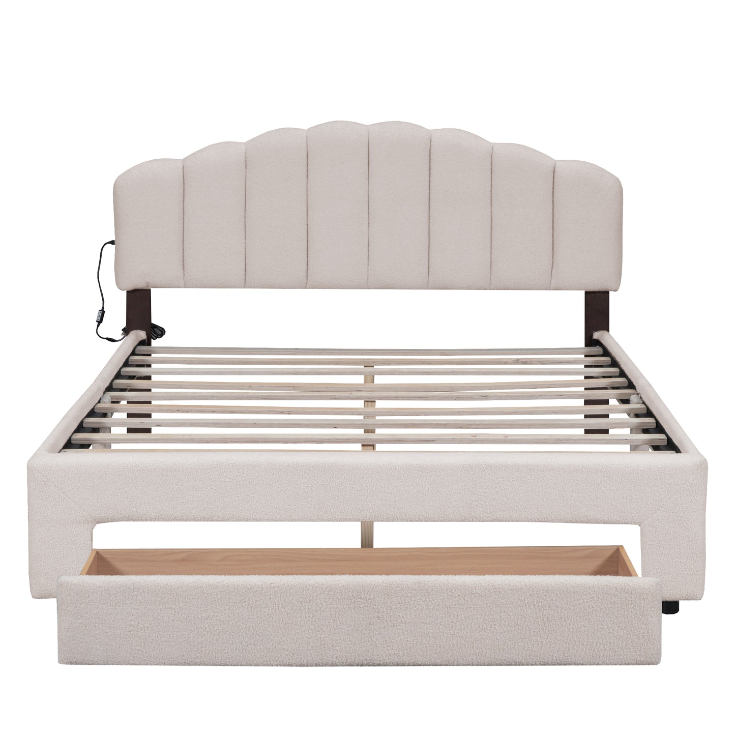 Beige boucle upholstered bed frame with scalloped headboard and storage drawer