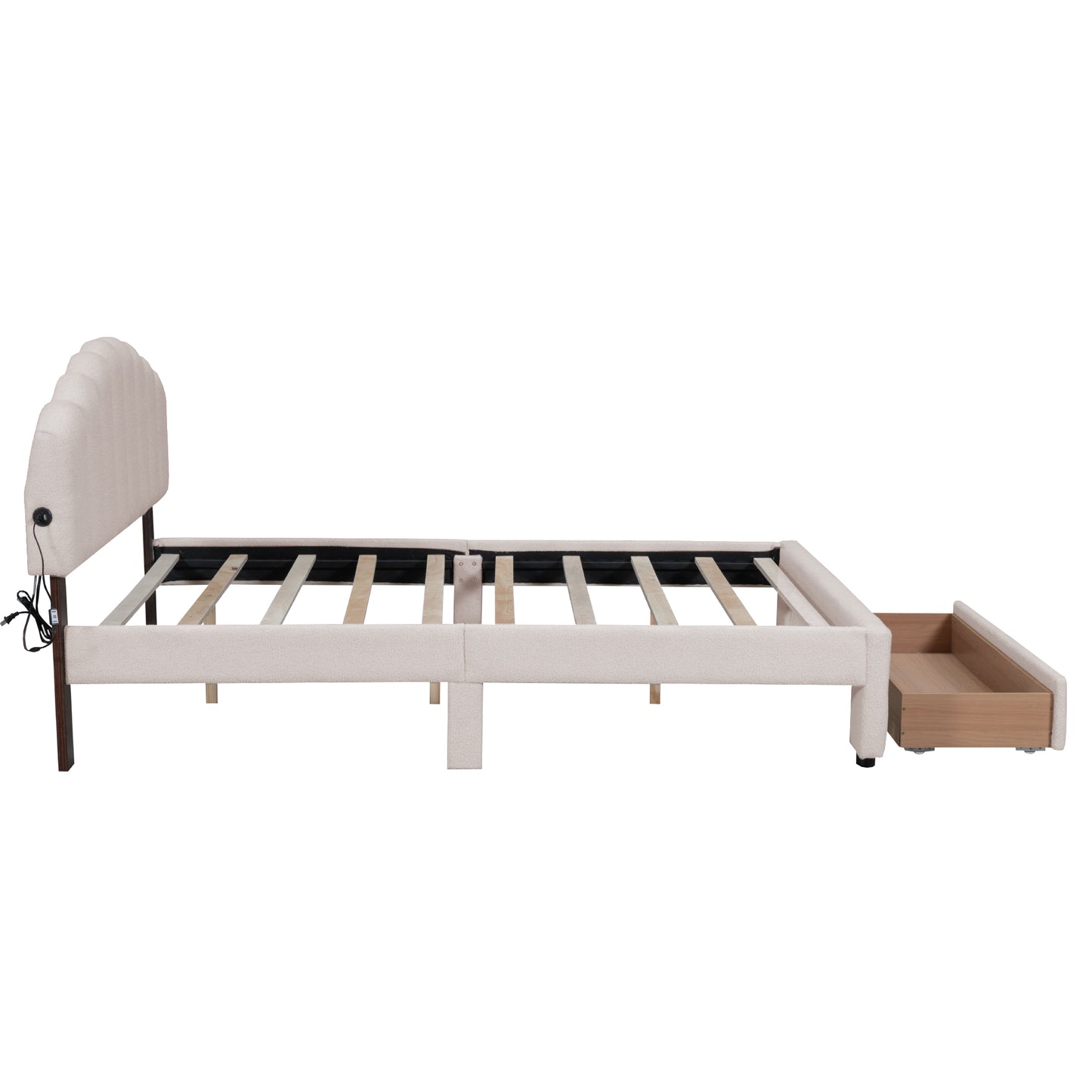 Beige upholstered bed frame with a scalloped headboard and a pullout storage drawer