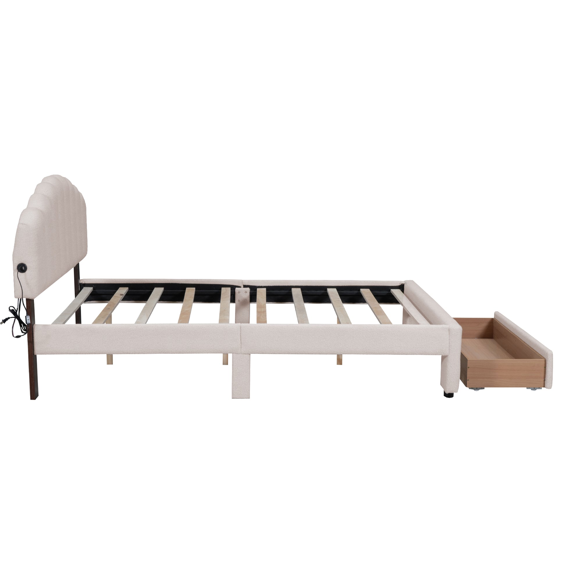Beige upholstered bed frame with a scalloped headboard and a pullout storage drawer