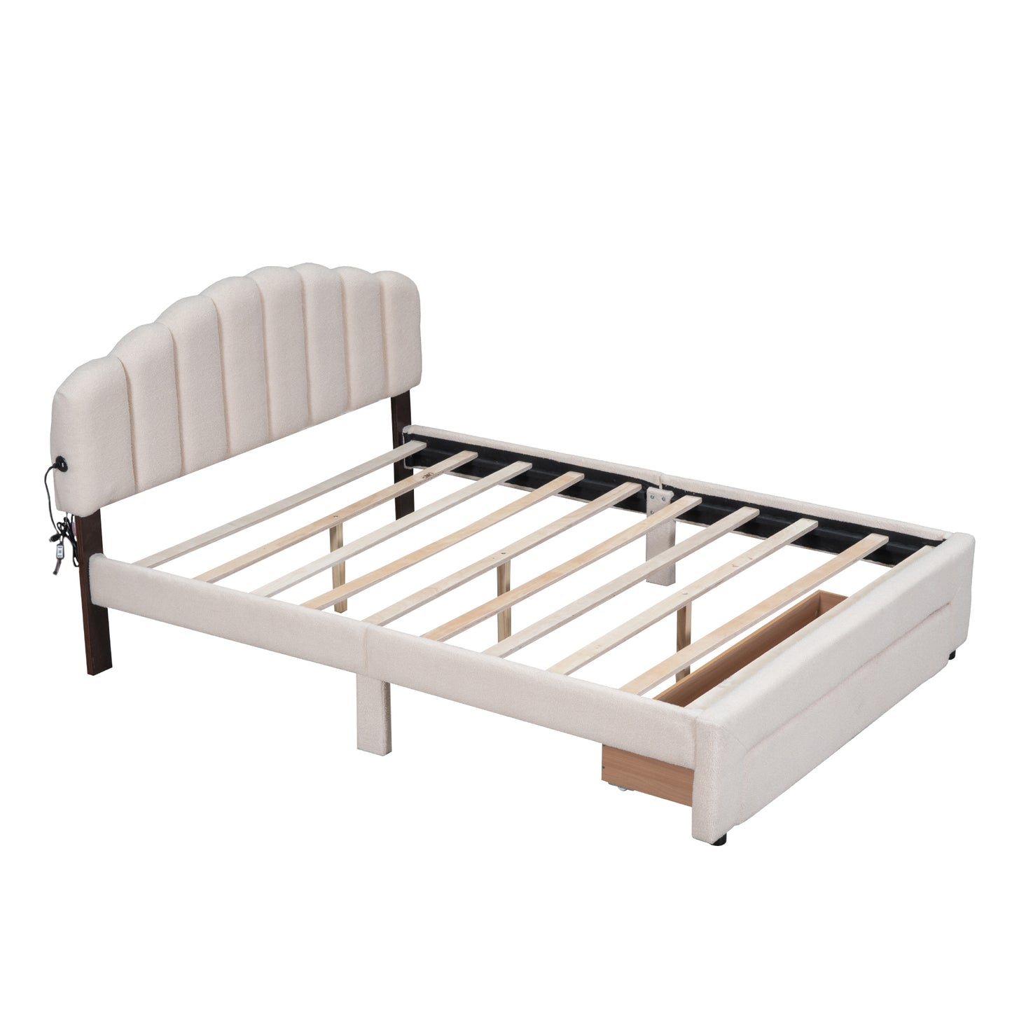 Cream upholstered bed frame with button tufted headboard and wooden slats