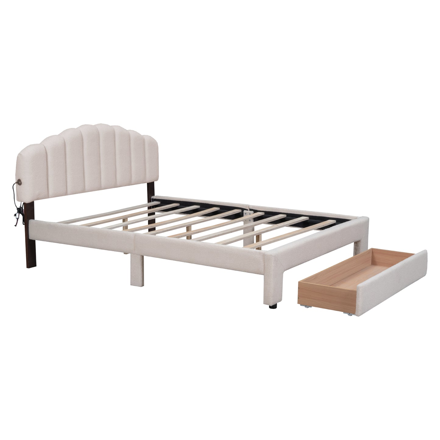 Cream upholstered bed frame with channel tufted headboard and underbed storage drawer