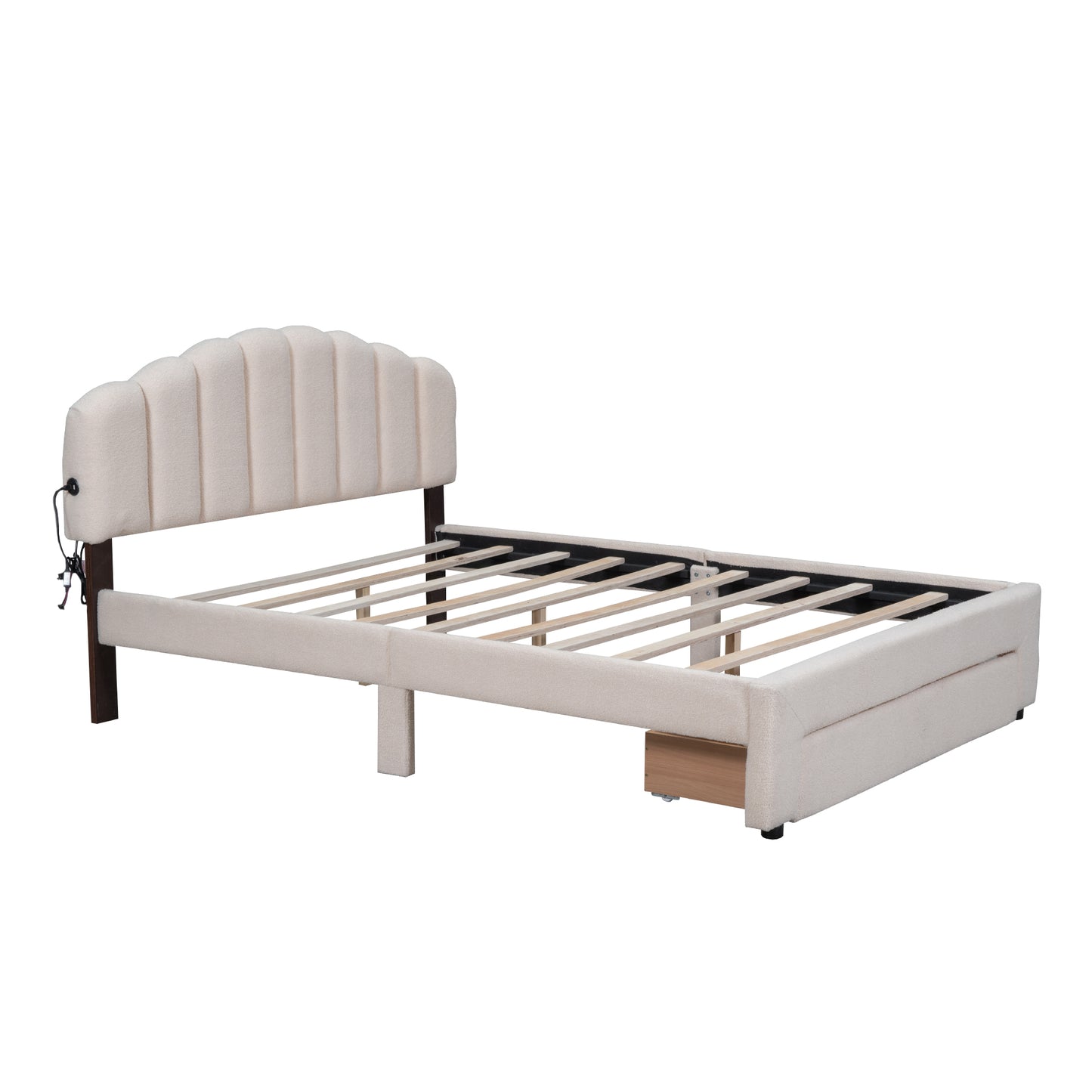 Cream upholstered platform bed frame with scalloped headboard and wood slats
