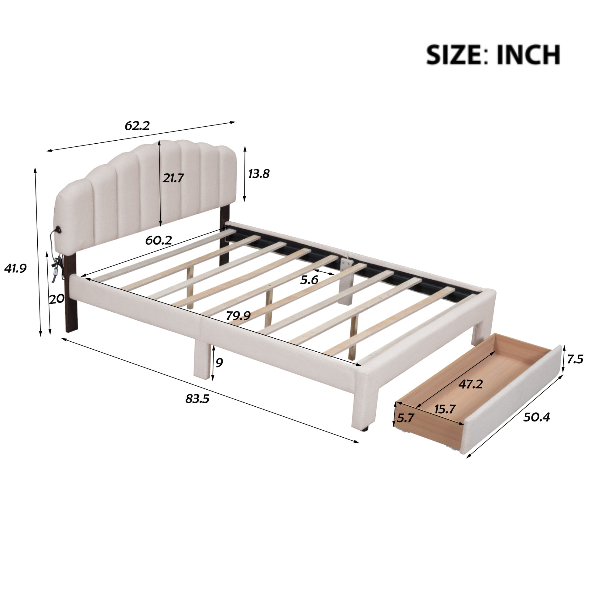 Cream upholstered bed frame with curved headboard and open drawer