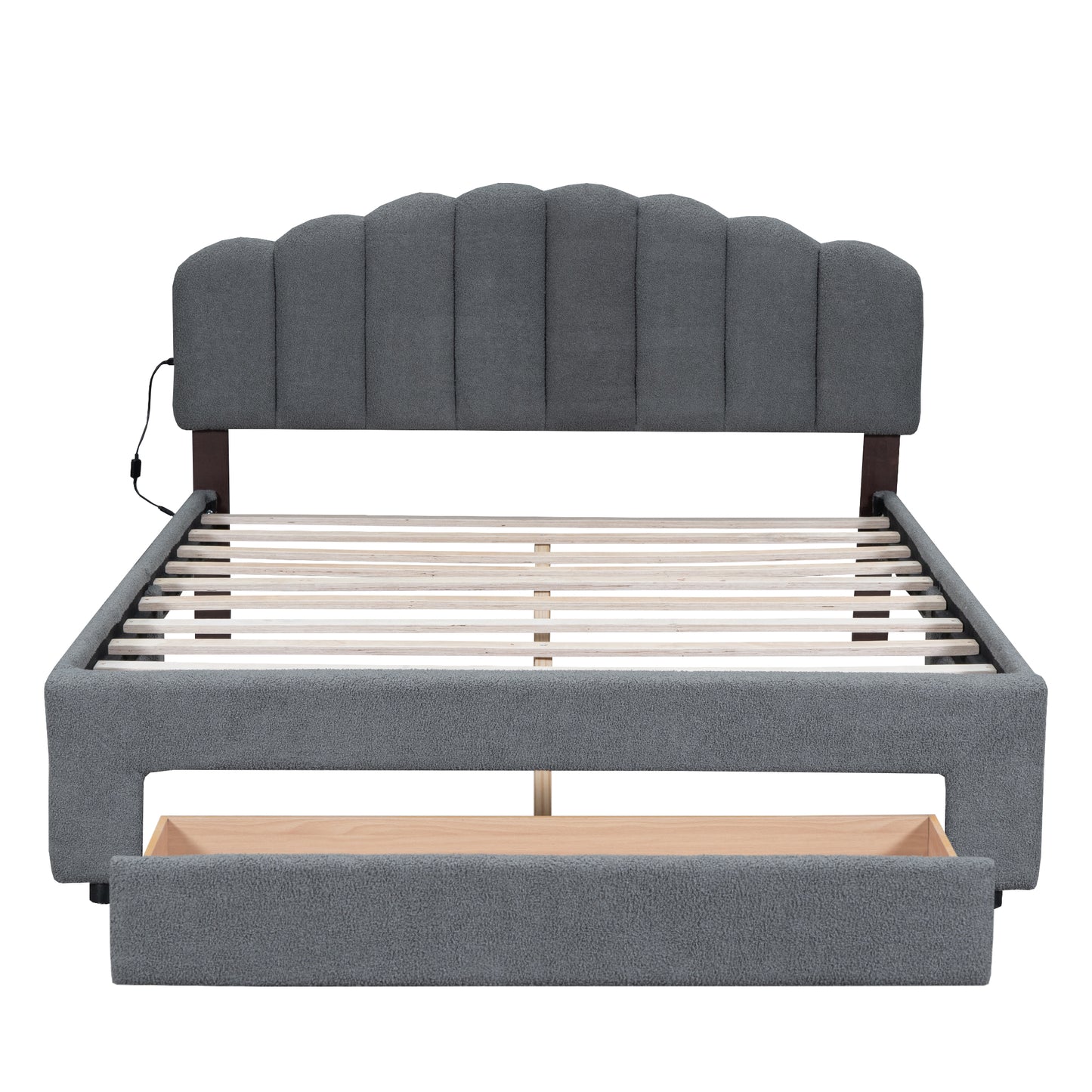 Gray upholstered platform bed frame with scallop headboard and builtin storage drawer