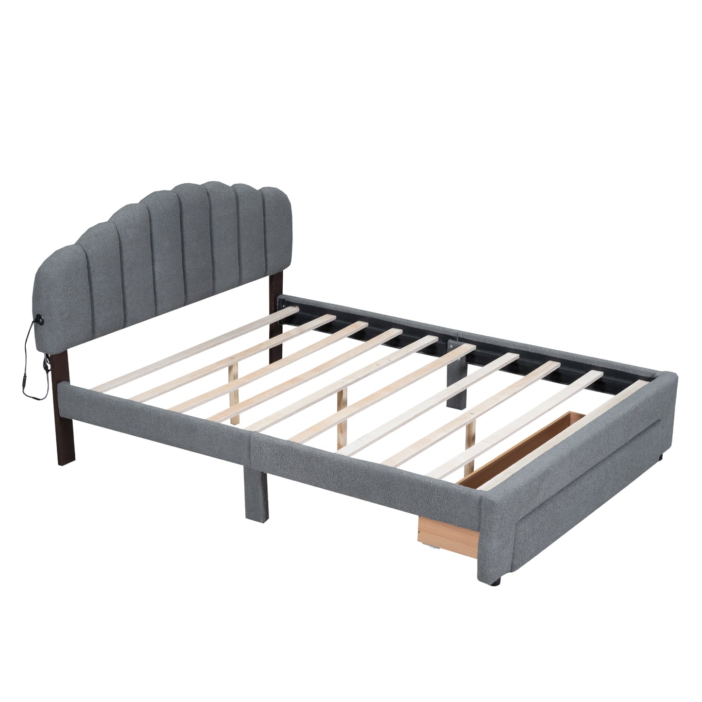 Grey upholstered bed frame with fluted headboard and integrated charging port