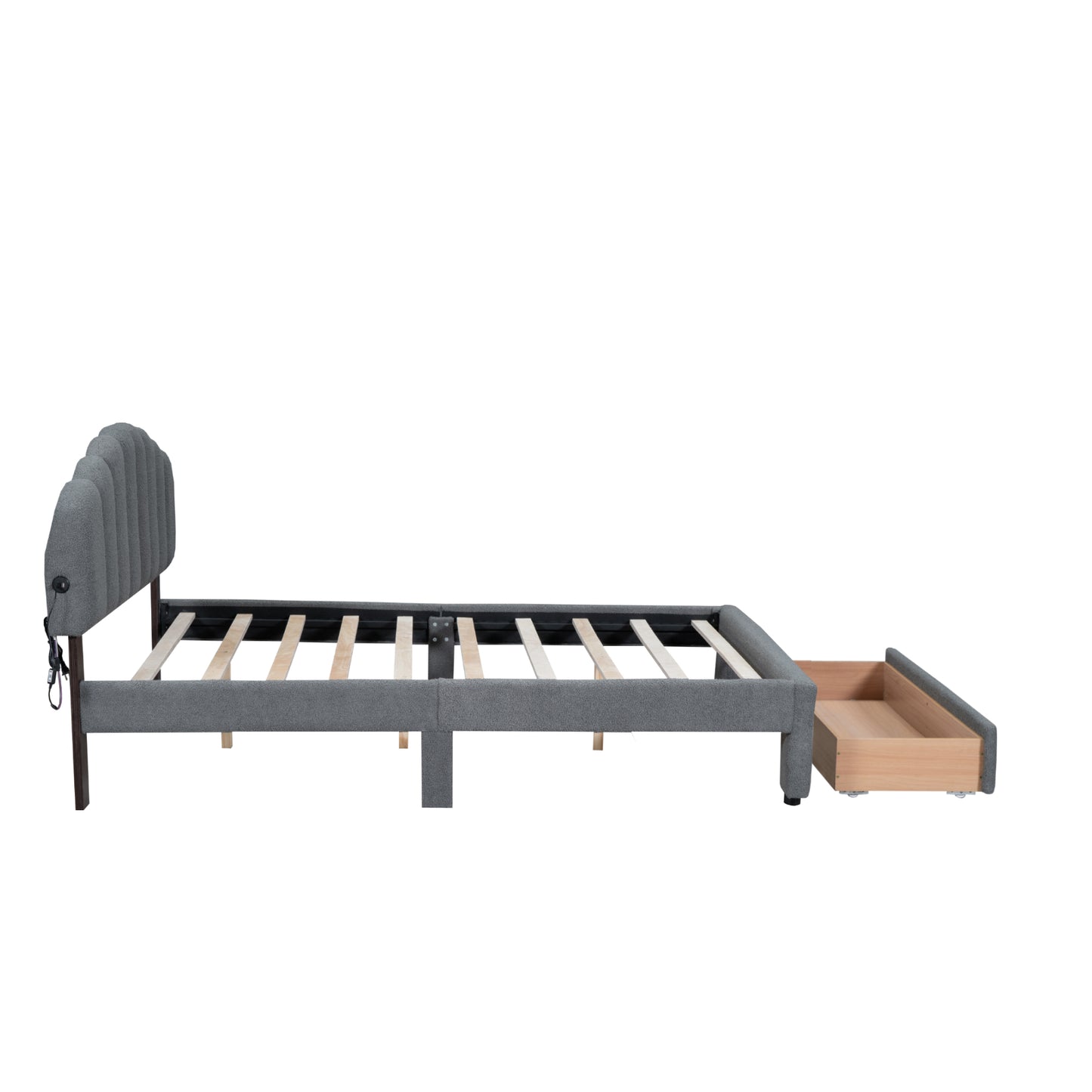 Gray upholstered twin bed frame with integrated storage drawer and adjustable headboard